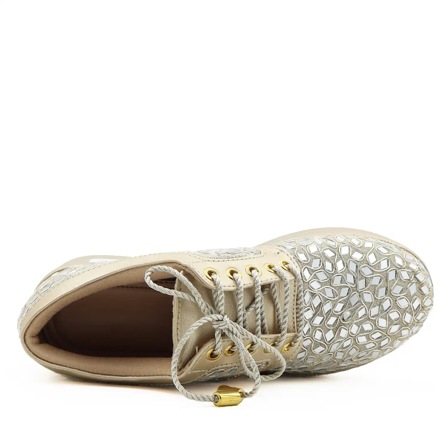 Top view of women's light gold  bridal sneakers