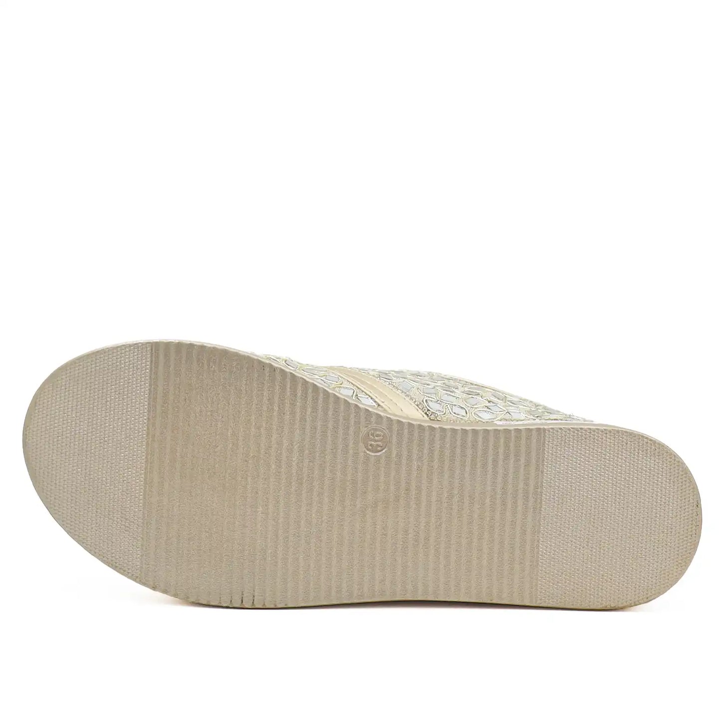 Sole view of women's light gold  bridal sneakers
