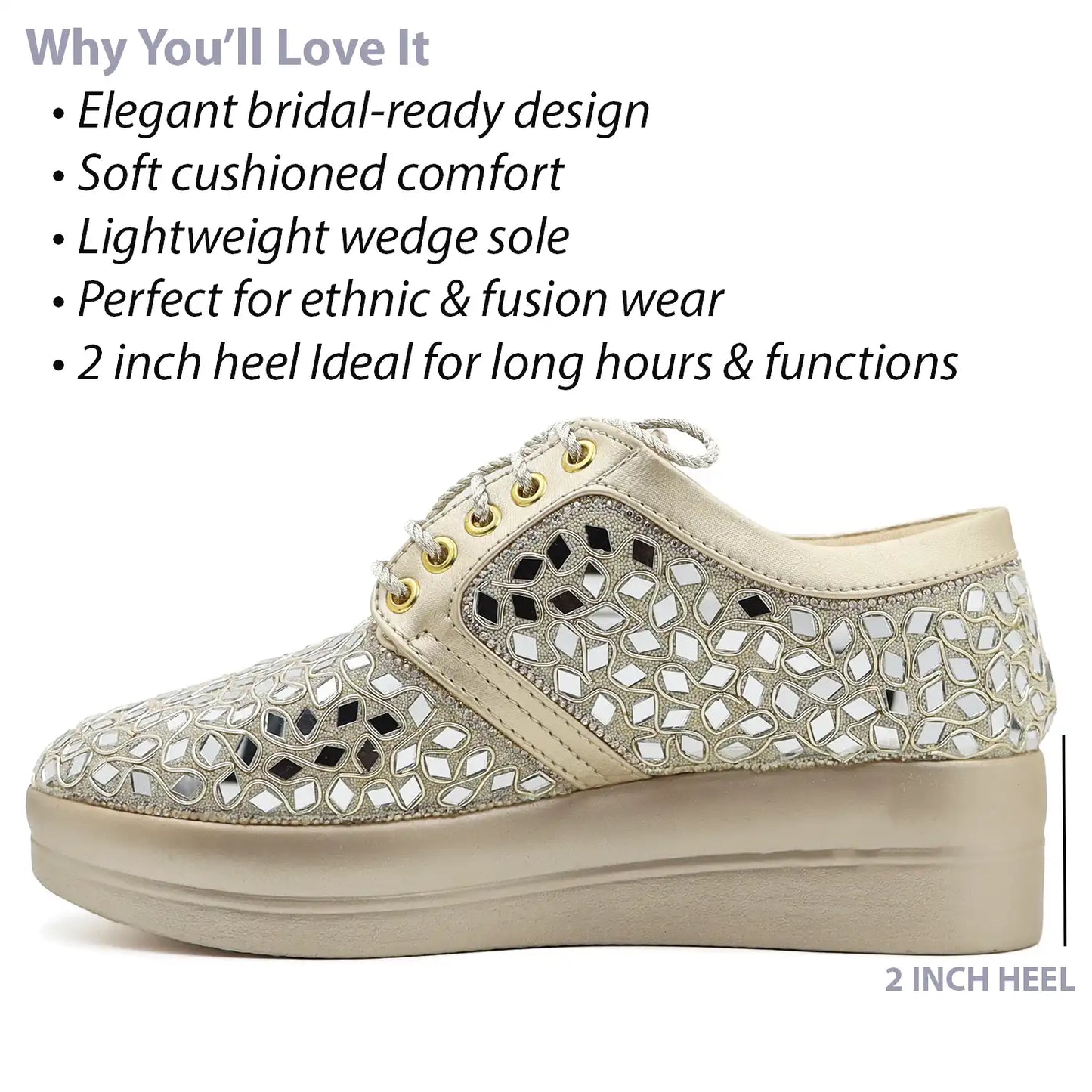 Detail view of women's light gold  bridal sneakers