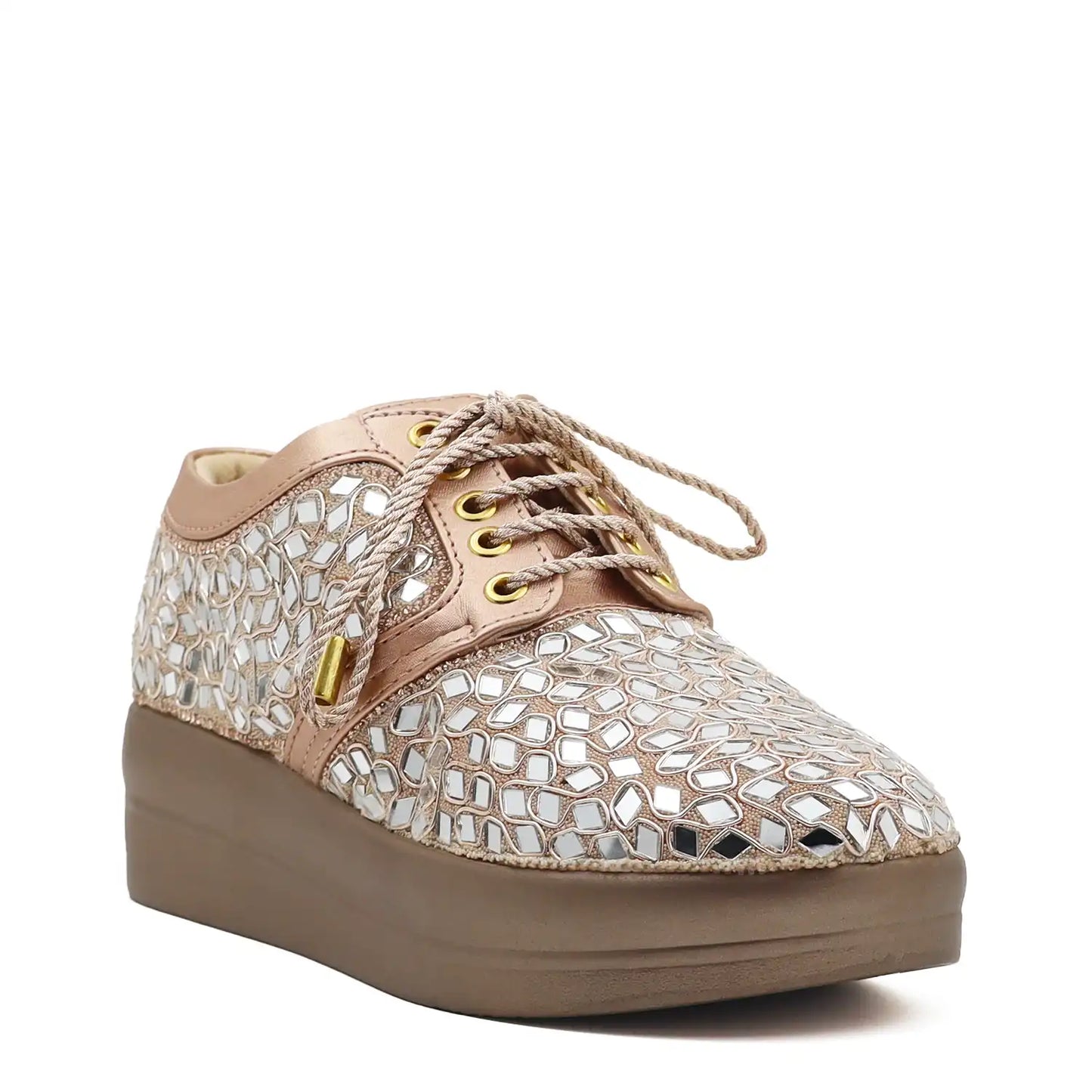 Women's rose gold bridal sneakers, angled view