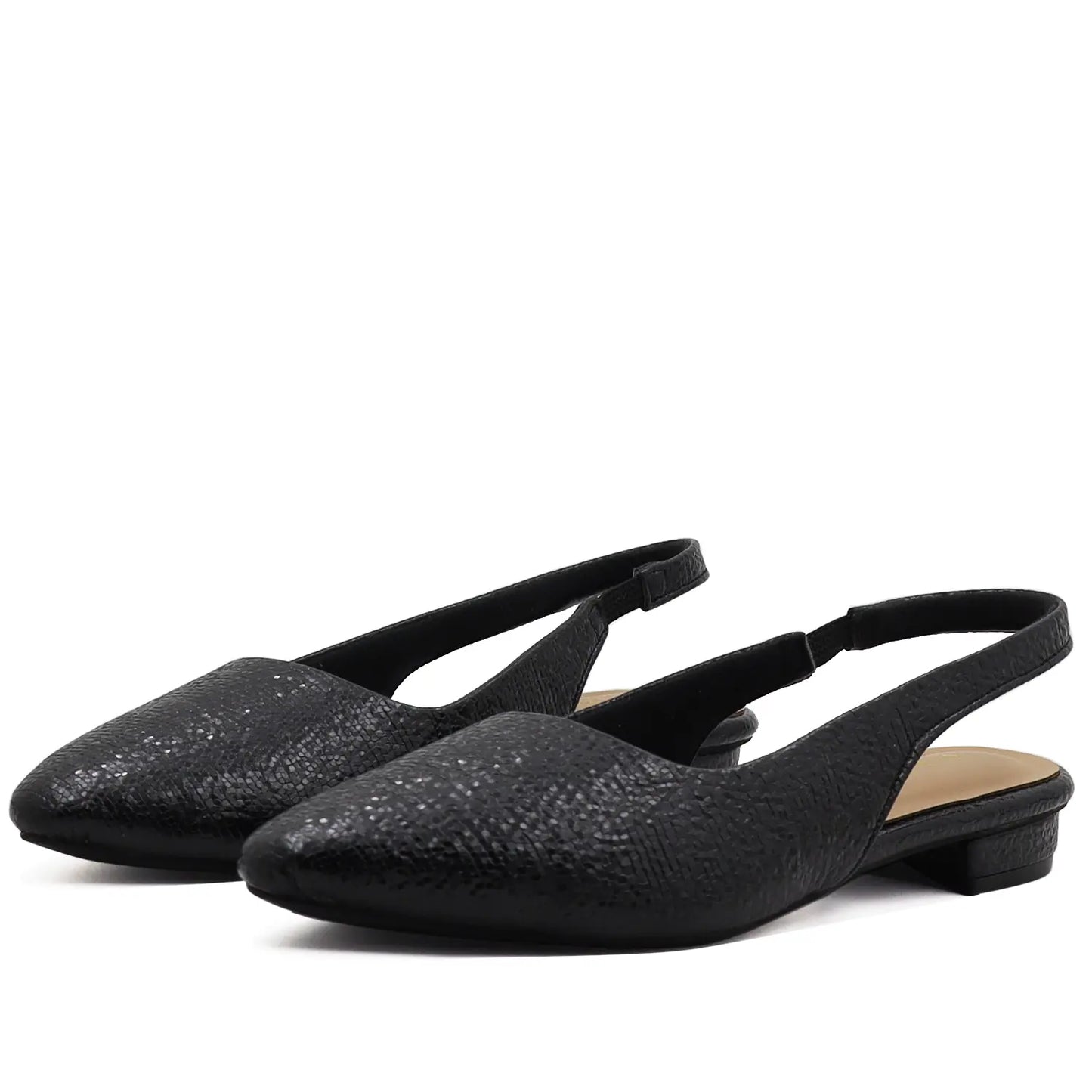 black textured slingback flats with pointed toe for women front angle view