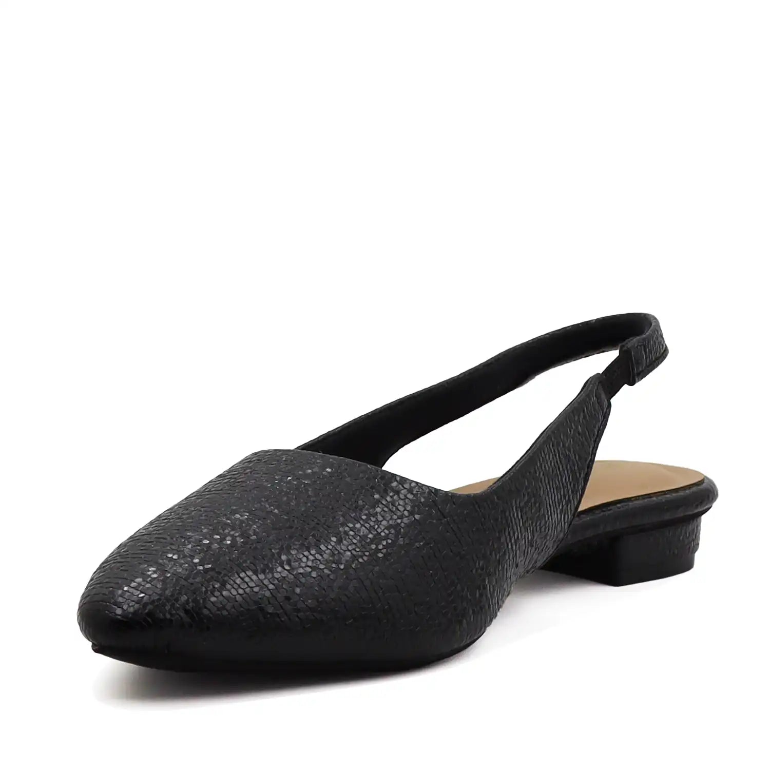 black textured slingback flat with pointed toe for women angled view with low heel