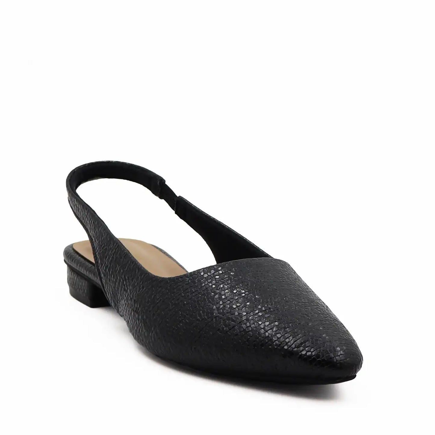 black textured slingback flat with pointed toe for women close up front view