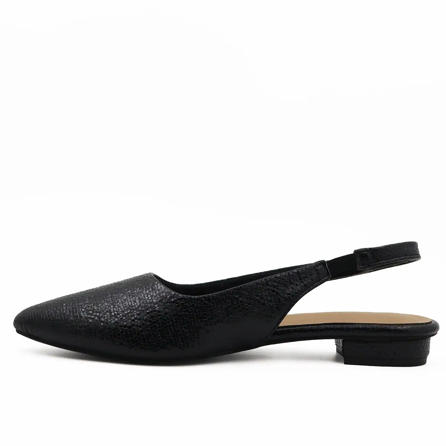 black slingback flat pointed toe textured women footwear side profile view
