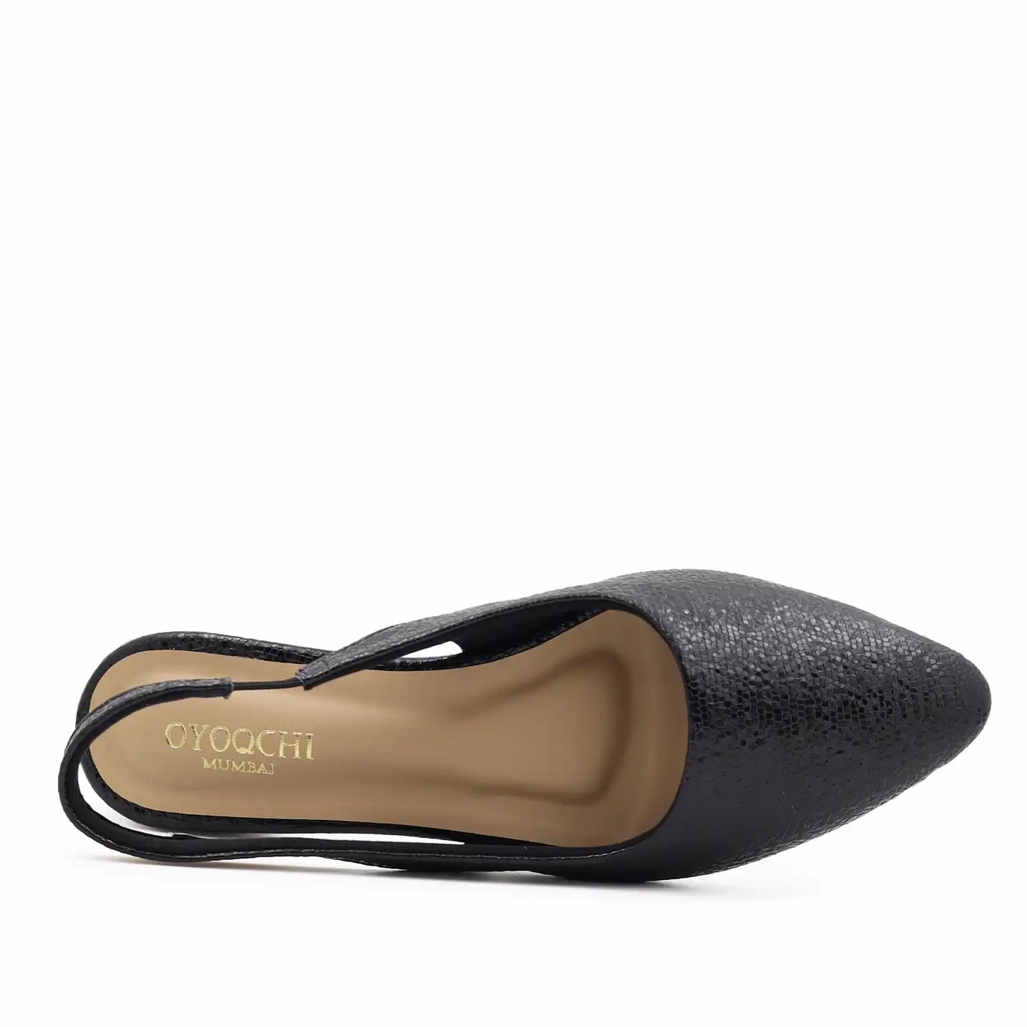 black slingback flat pointed toe textured women footwear top view