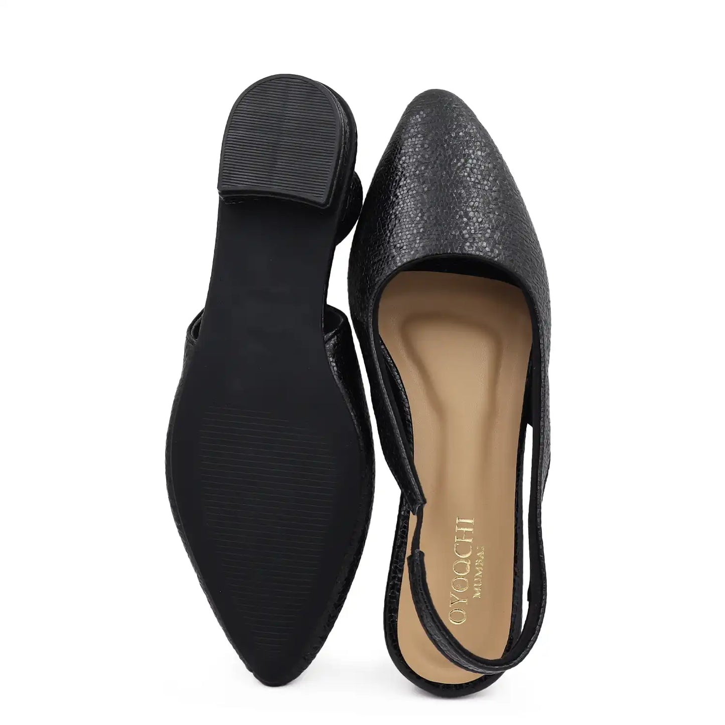 black slingback flat pointed toe textured women footwear top and sole view