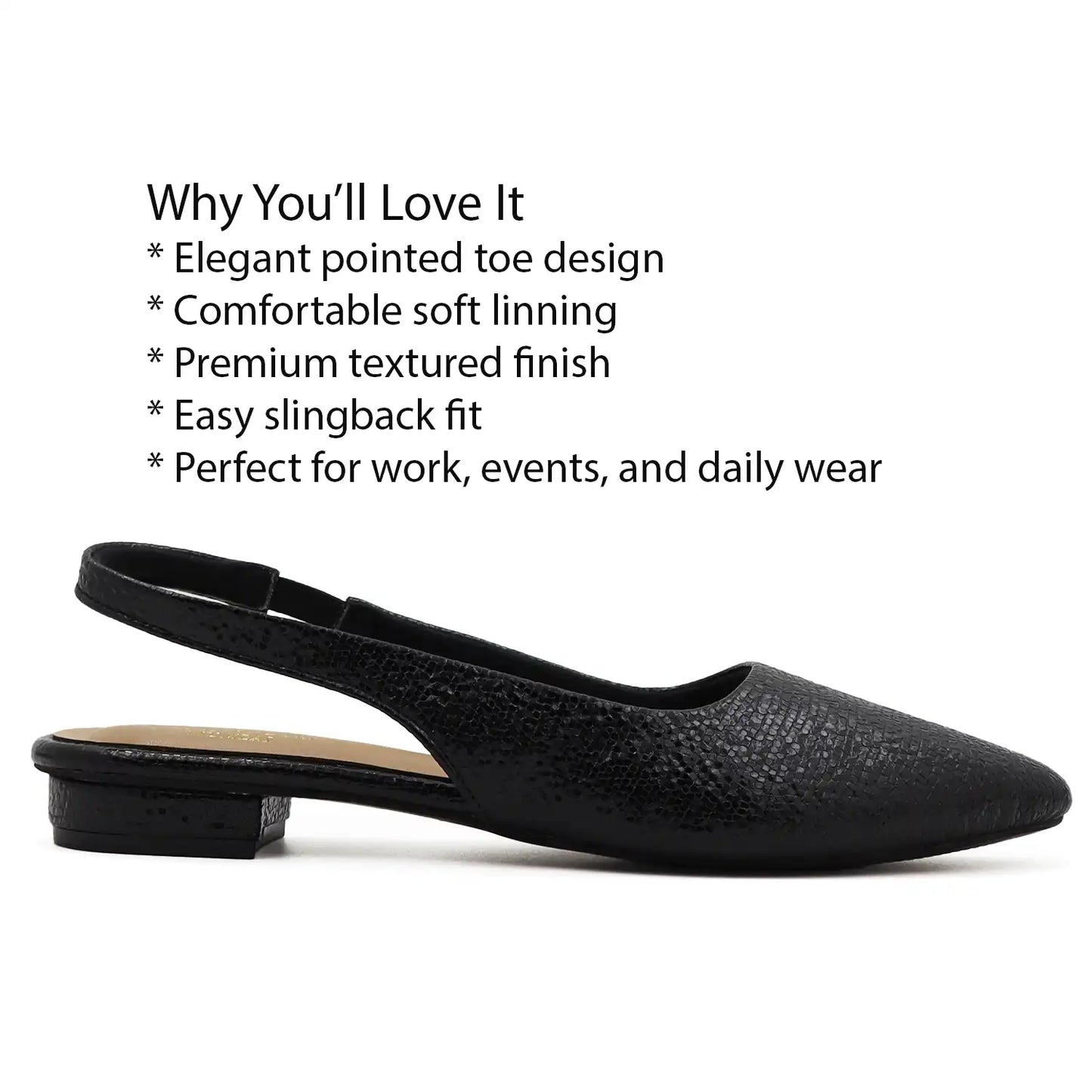 black slingback flat pointed toe textured women footwear with features text