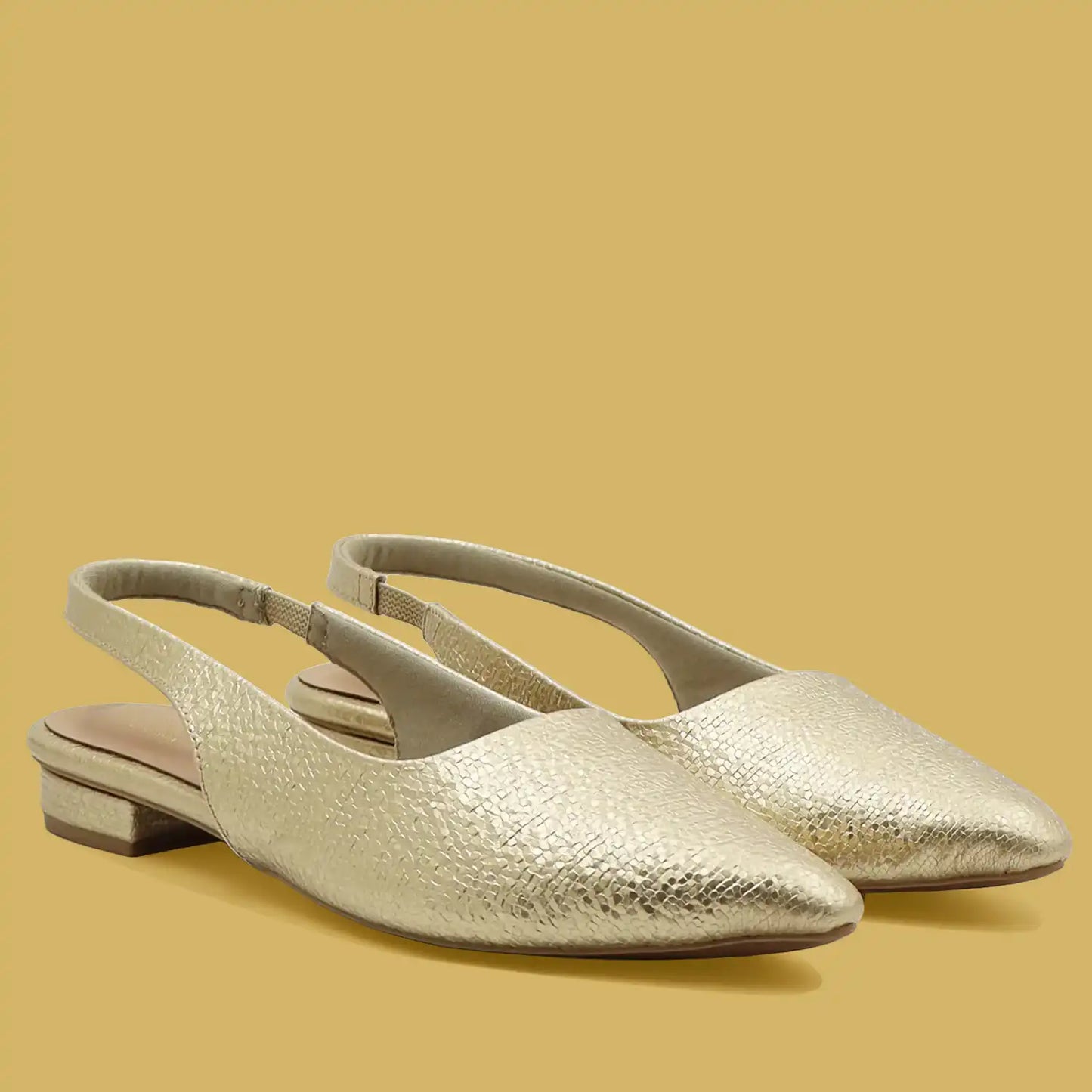 gold slingback flat pointed toe textured women footwear side view