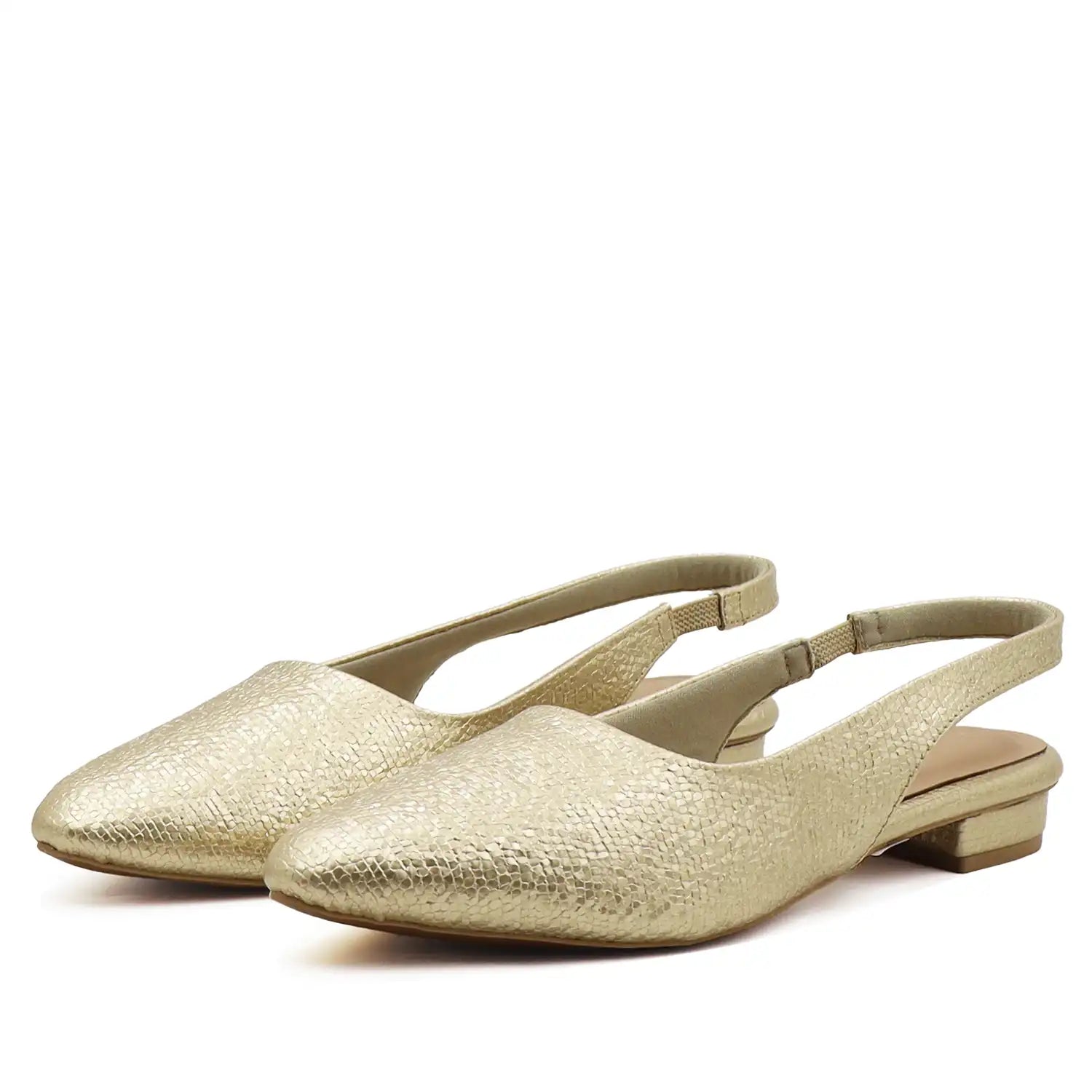 gold textured slingback flats with pointed toe for women front angle view