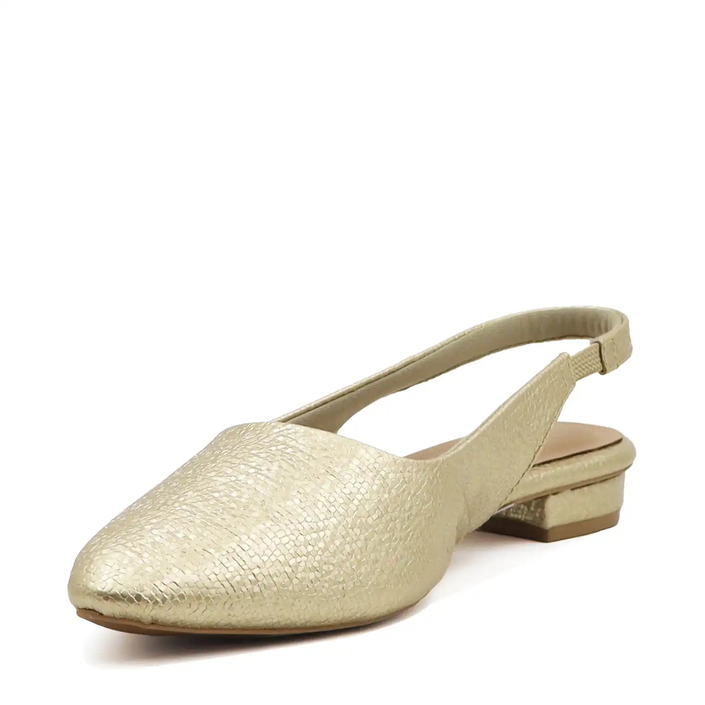 gold textured slingback flat with pointed toe for women angled view with low heel