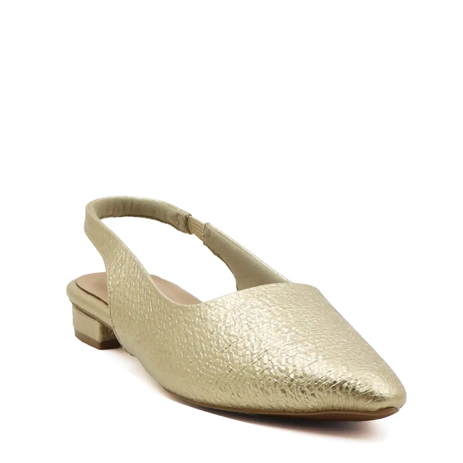 gold textured slingback flat with pointed toe for women close up front view