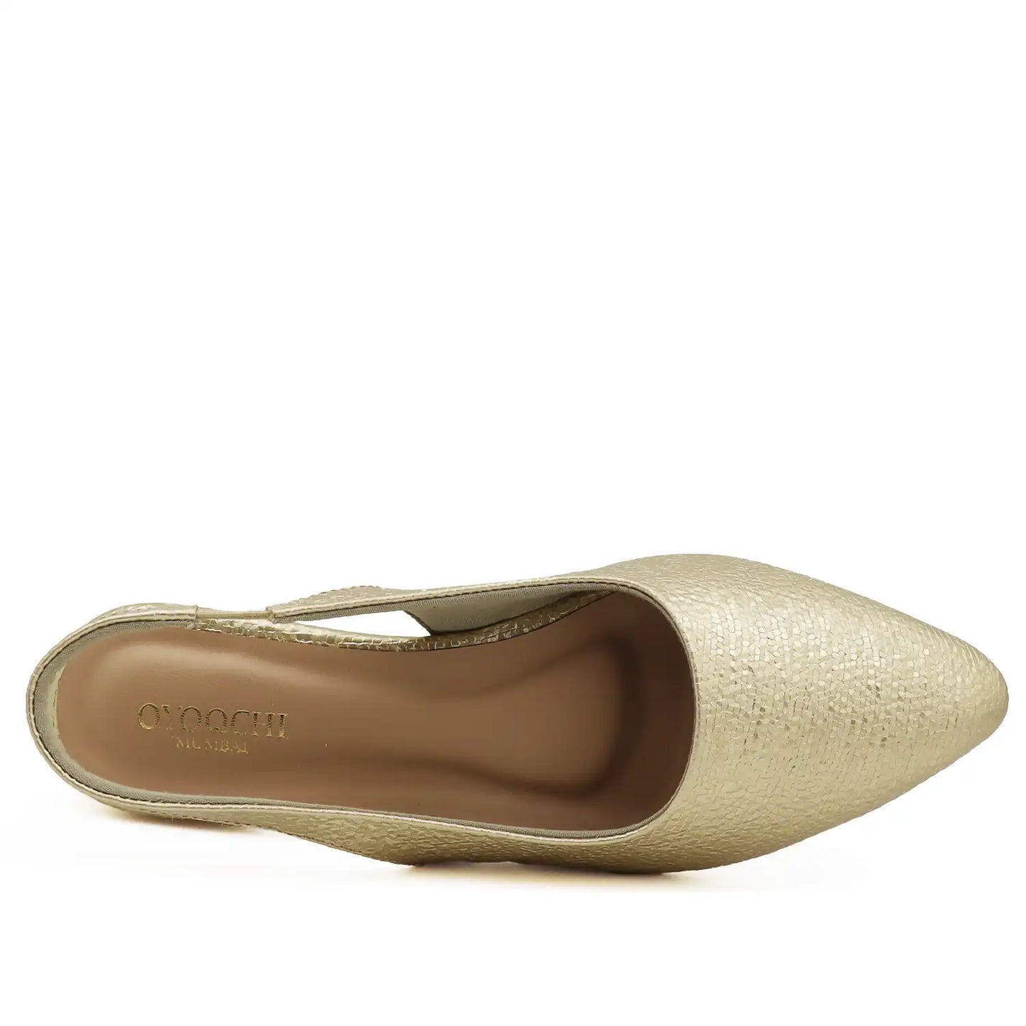 gold slingback flat pointed toe textured women footwear top view