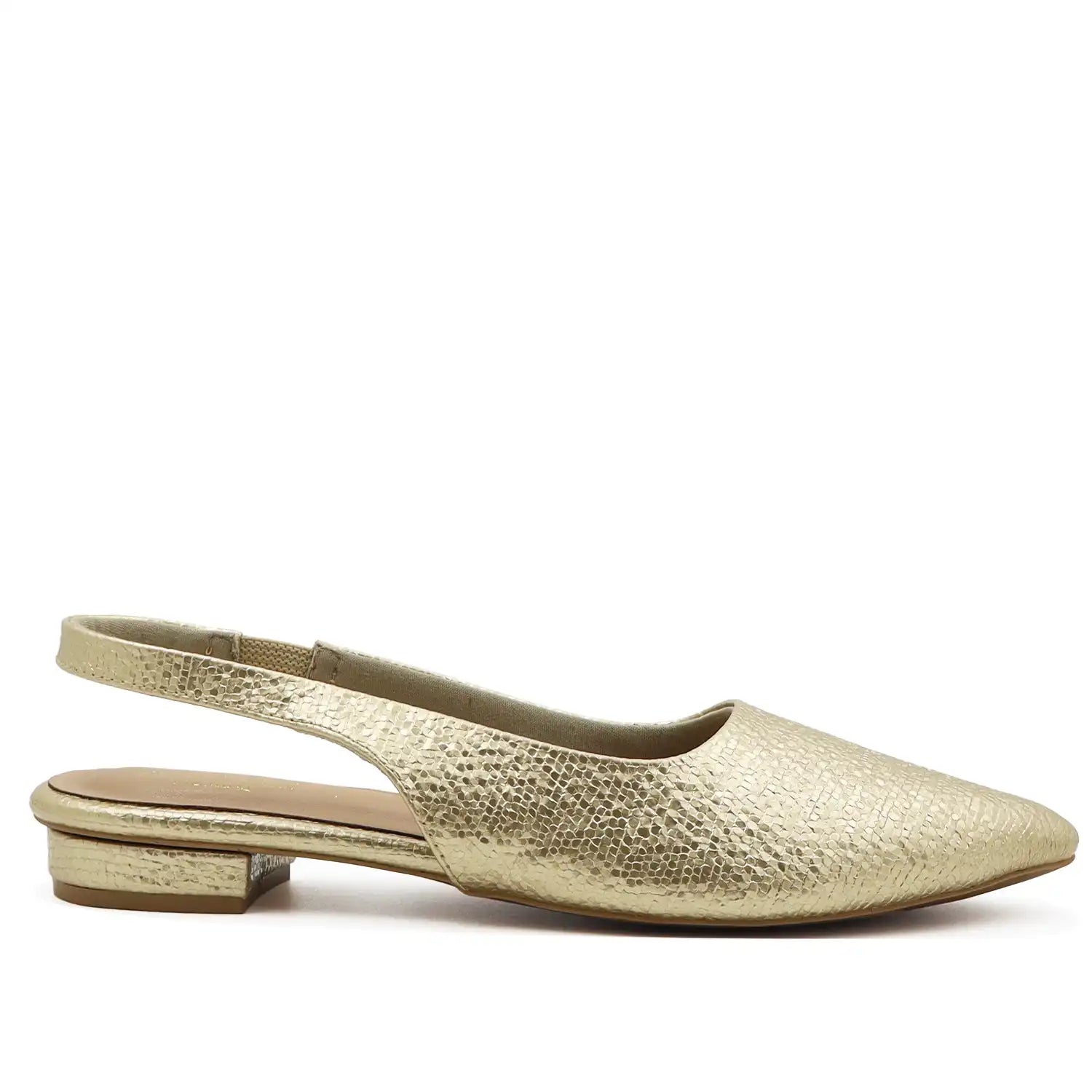 gold slingback flat pointed toe textured women footwear side profile view