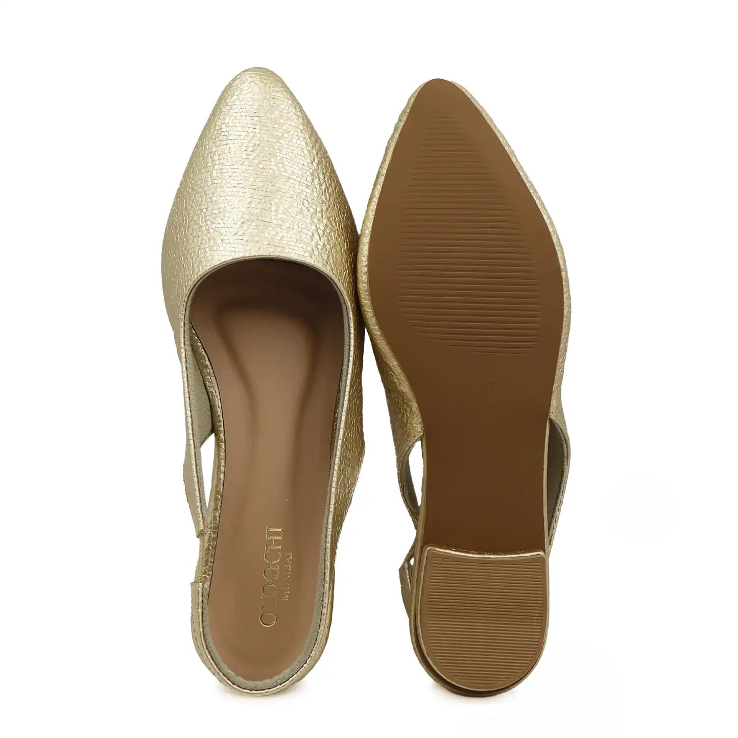 gold slingback flat pointed toe textured women footwear top and sole view