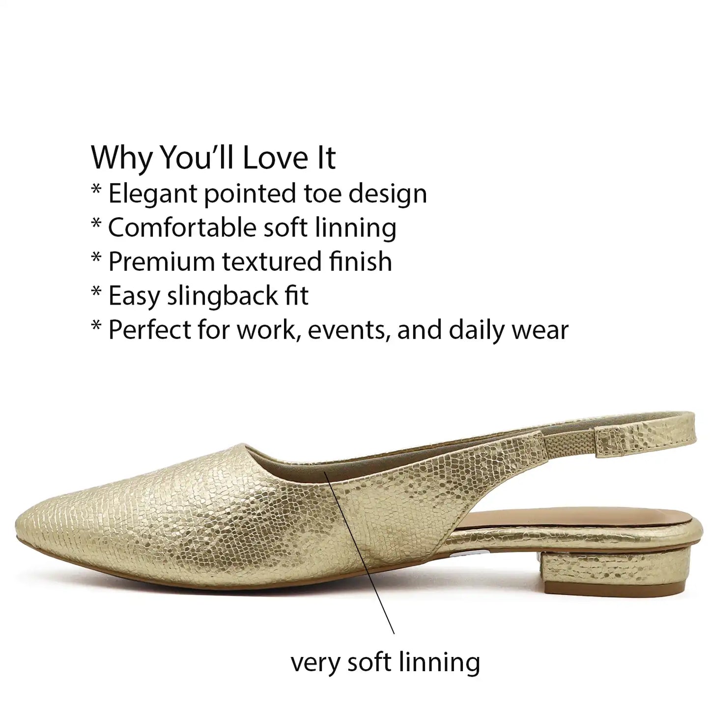 gold slingback flat pointed toe textured women footwear with features text