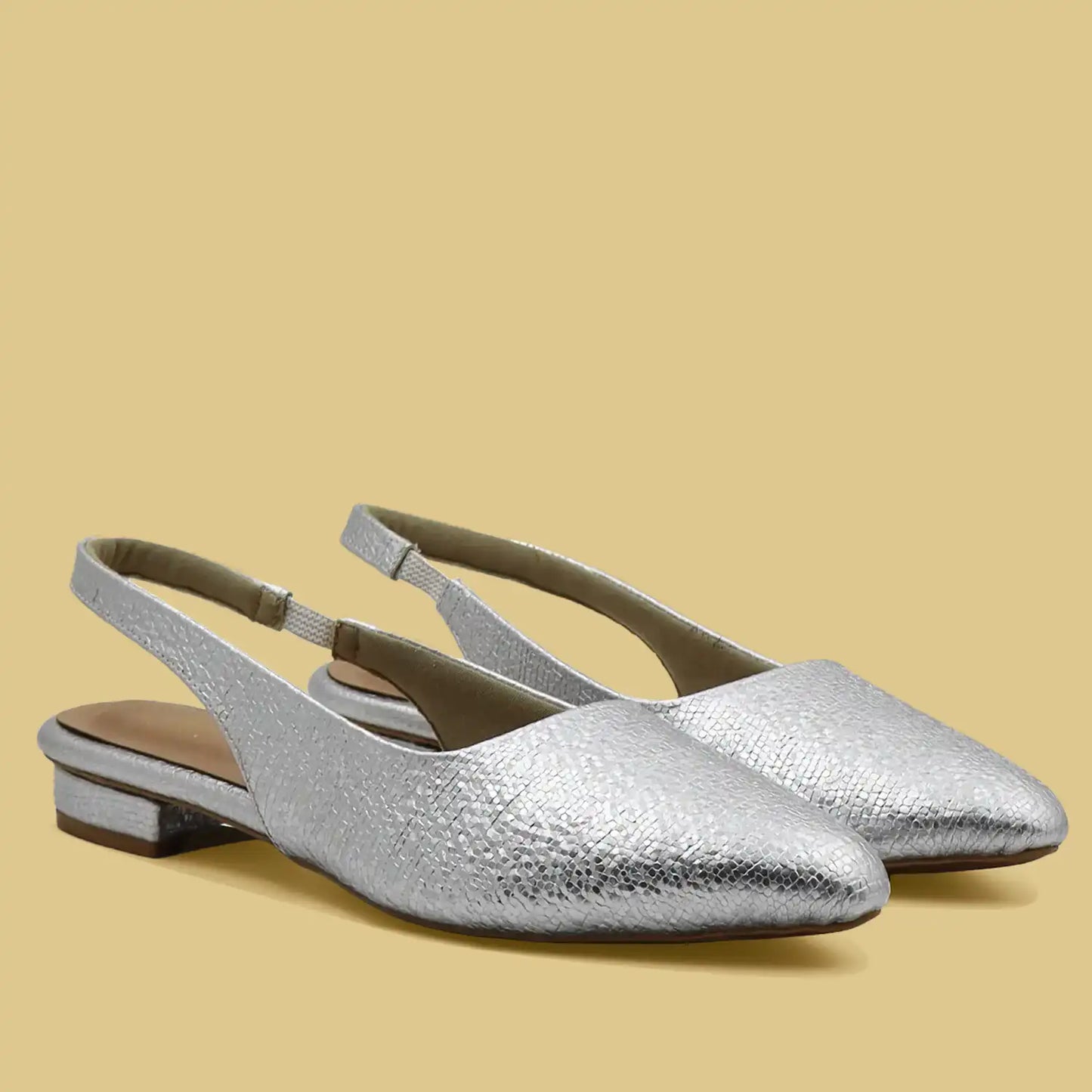 silver slingback flat pointed toe textured women footwear top and sole view