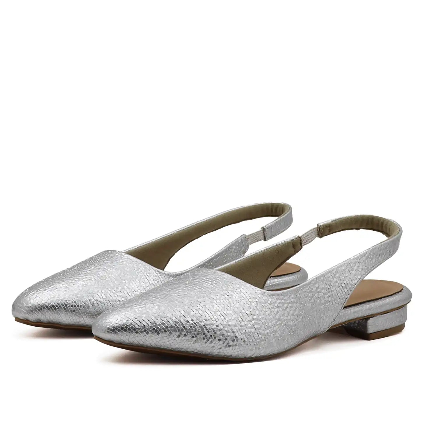 silver textured slingback flats with pointed toe for women front angle view