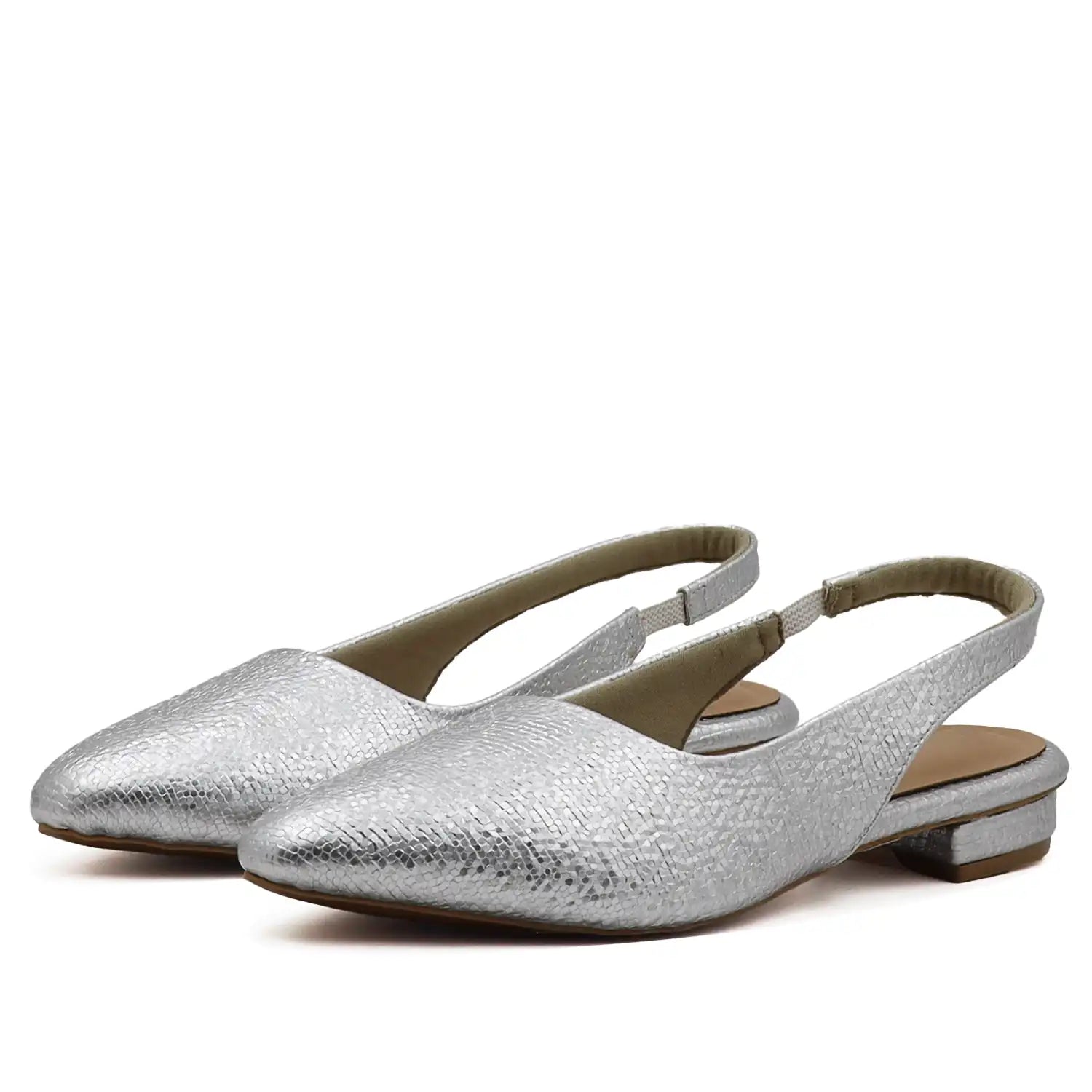 silver textured slingback flats with pointed toe for women front angle view