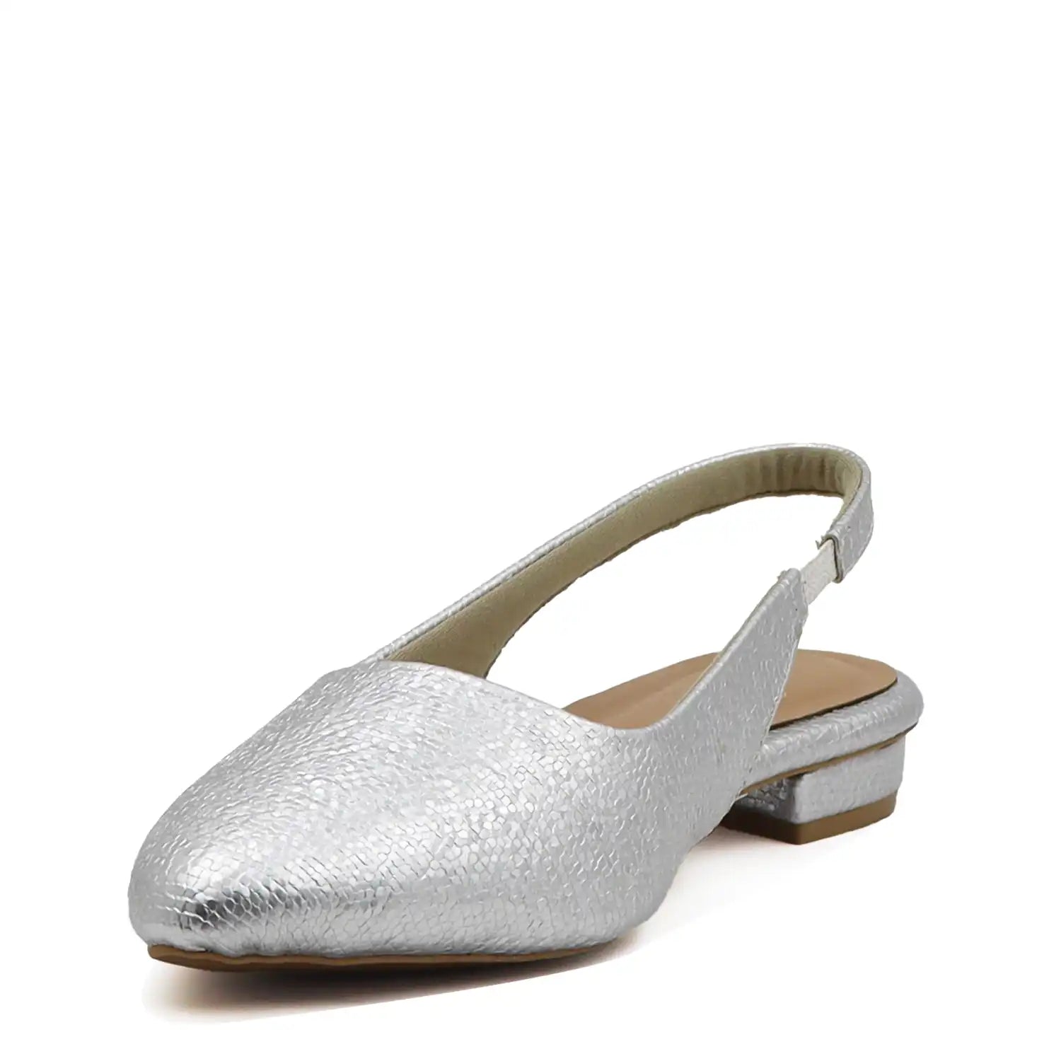 silver textured slingback flat with pointed toe for women angled view with low heel
