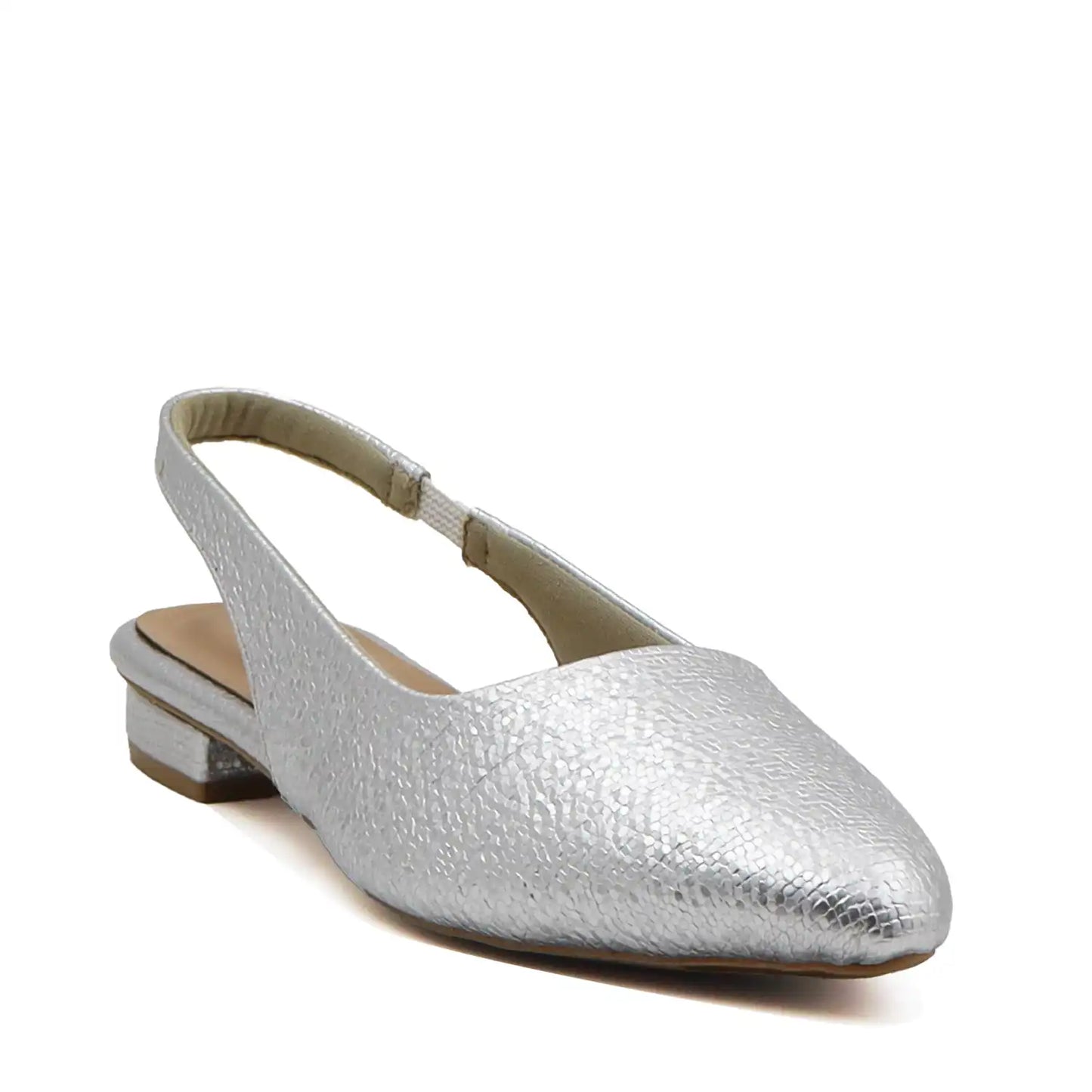 silver textured slingback flat with pointed toe for women close up front view