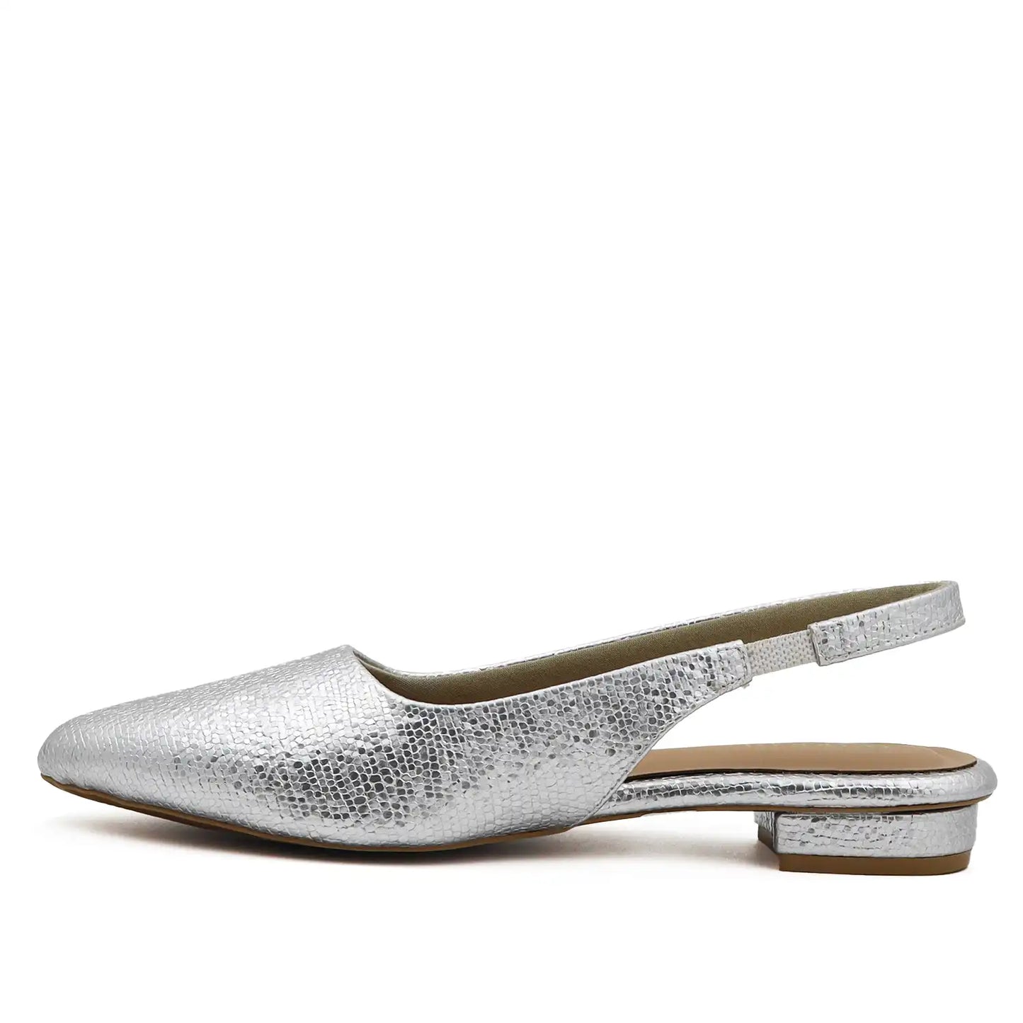 silver slingback flat pointed toe textured women footwear side profile view