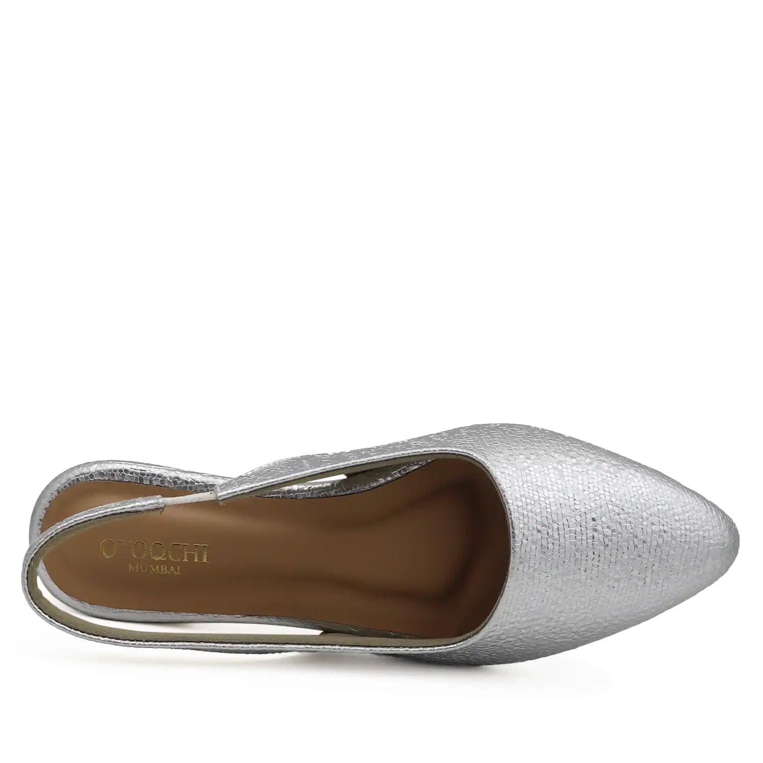 silver slingback flat pointed toe textured women footwear top view