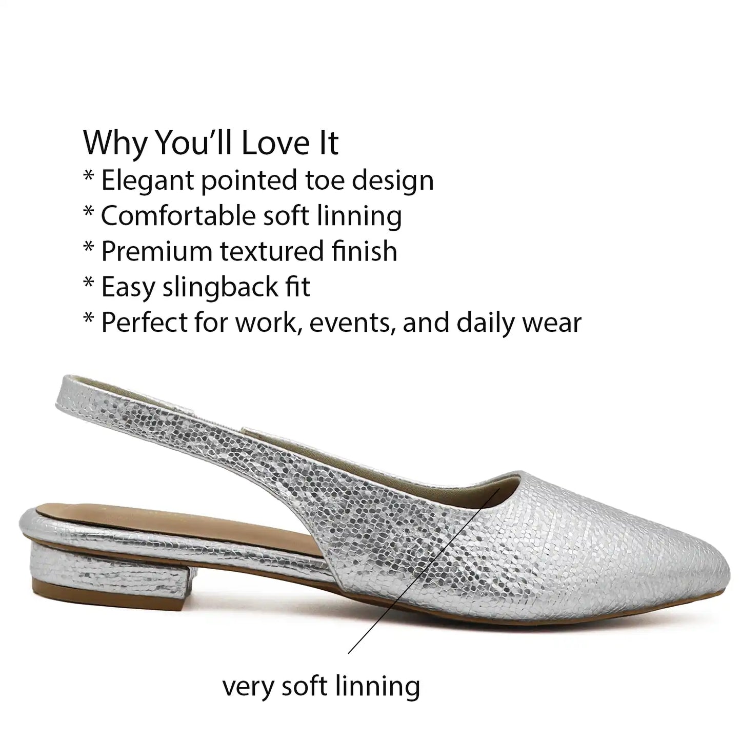 silver slingback flat pointed toe textured women footwear with features text why you will love it