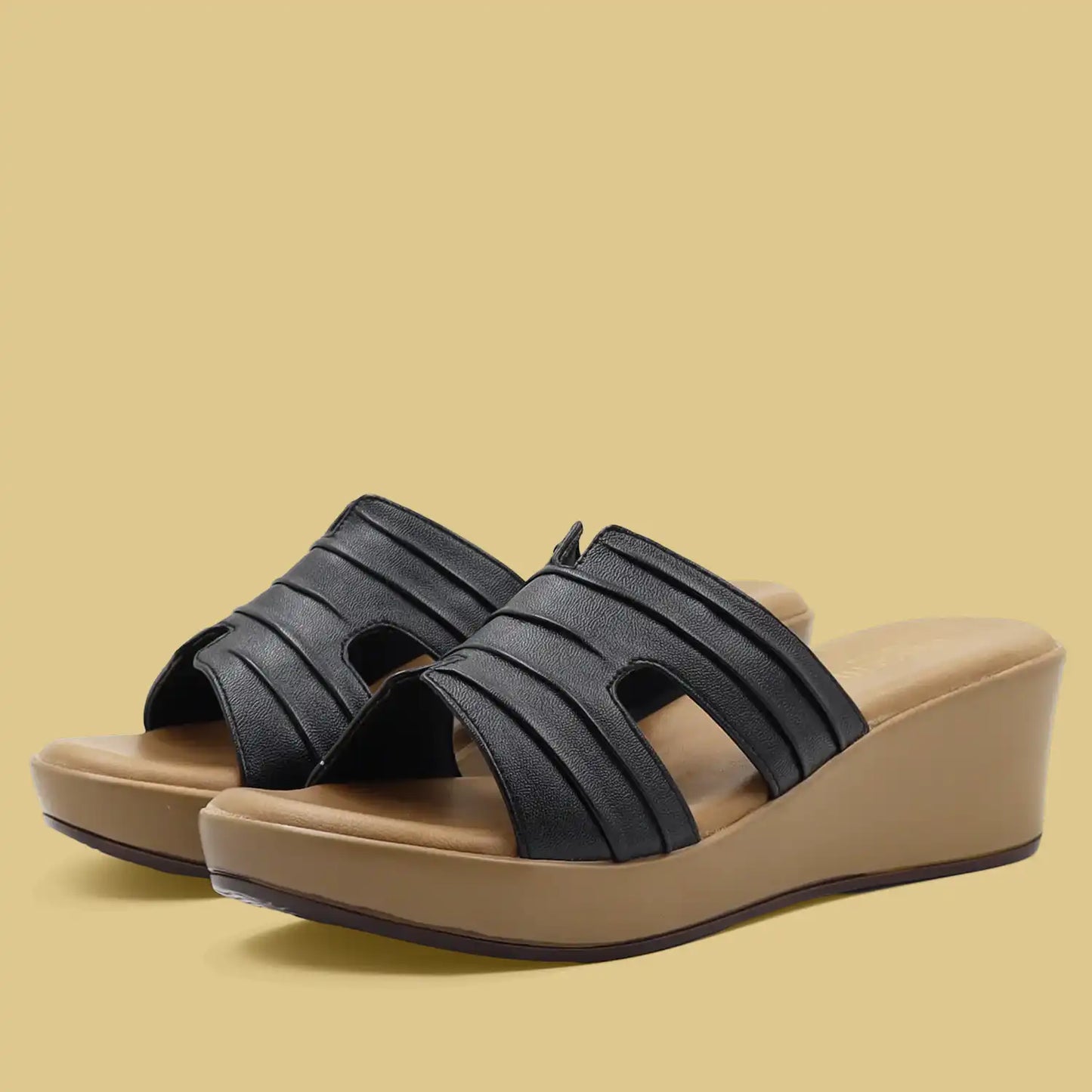 Black metallic platform wedge heel for women front view