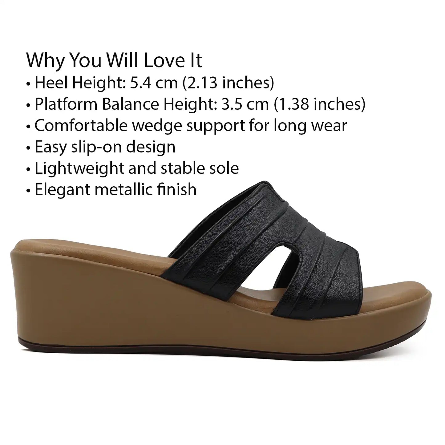 Black platform wedge heel showing heel height and design