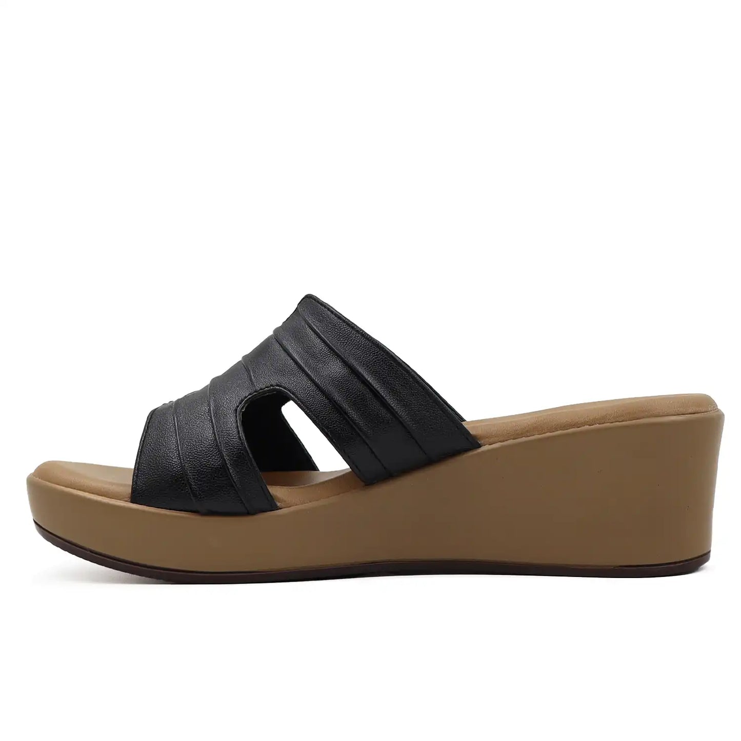 Side profile of black platform wedge heel for women
