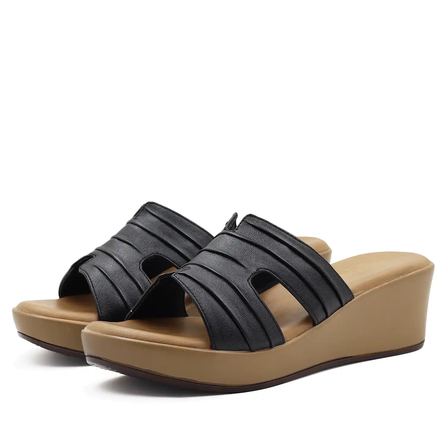 Black metallic women platform wedge sandal angled view