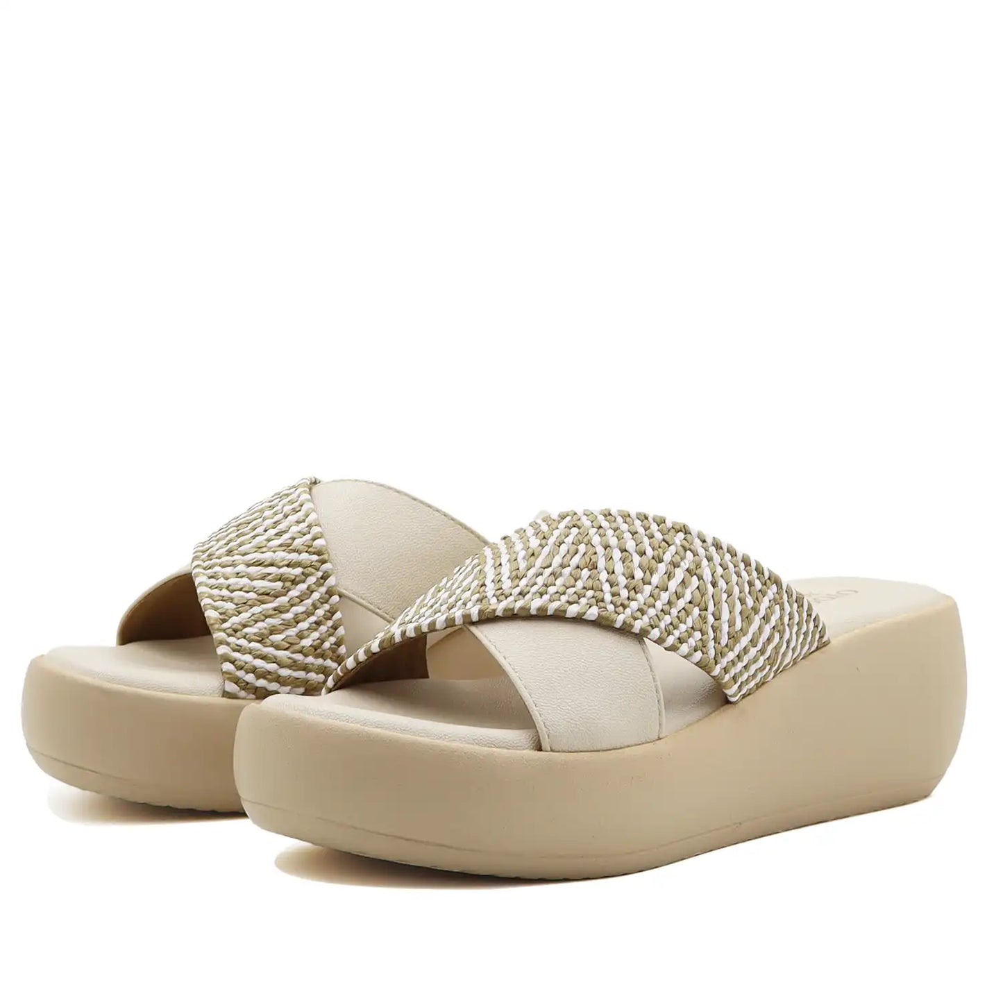 oyoqchi beige cross strap platform sandals for women textured strap front angle