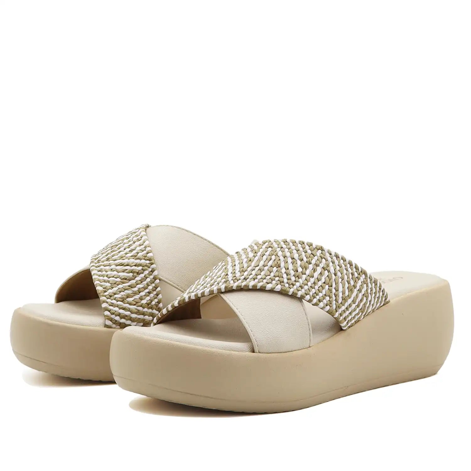 oyoqchi beige cross strap platform sandals for women textured strap front angle