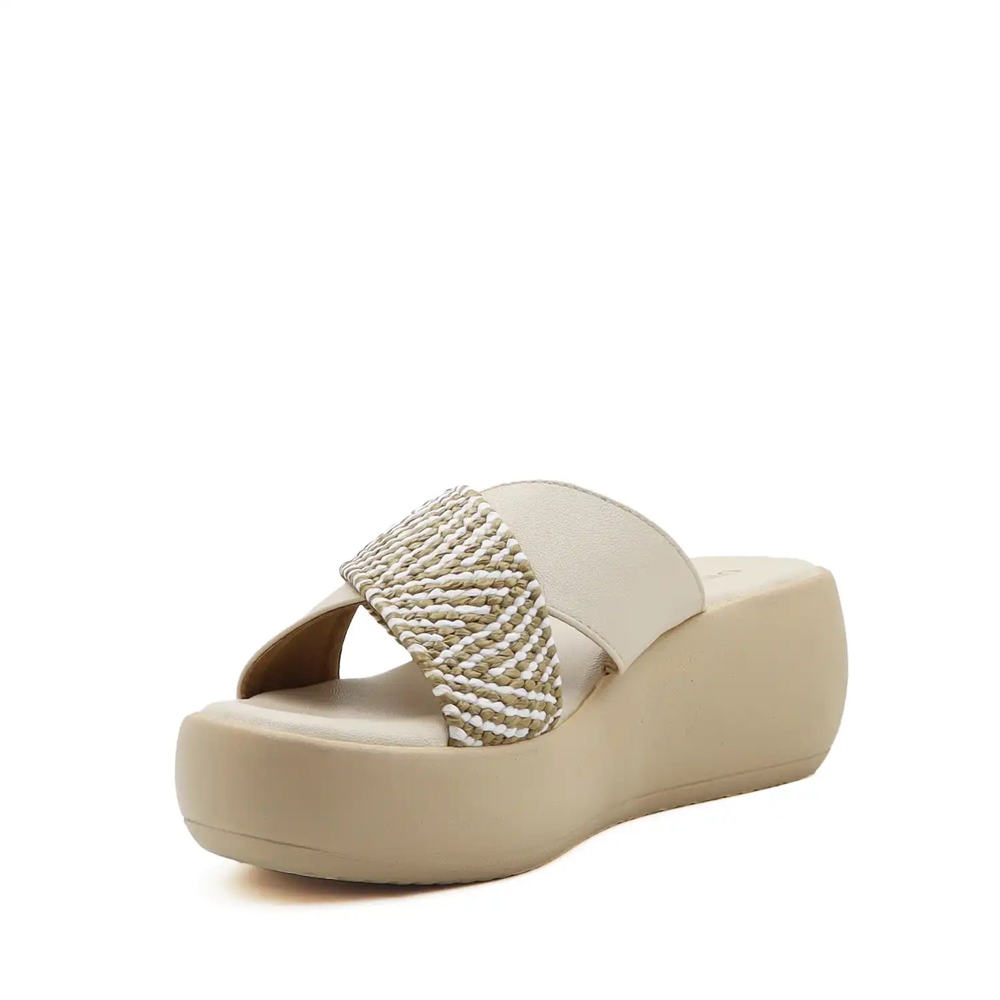 beige cross strap comfort platform sandal textured upper front view

