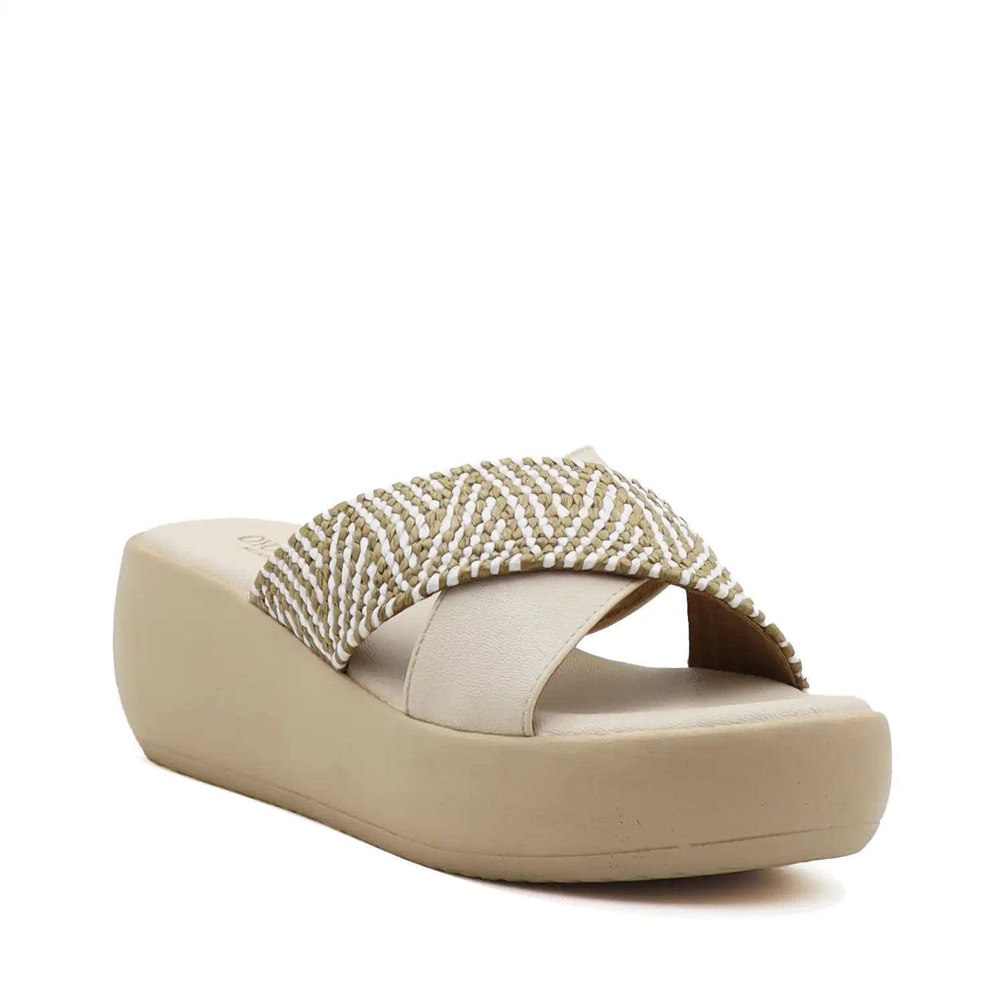 Beige platform sandal with cross strap design comfort sole angled view
