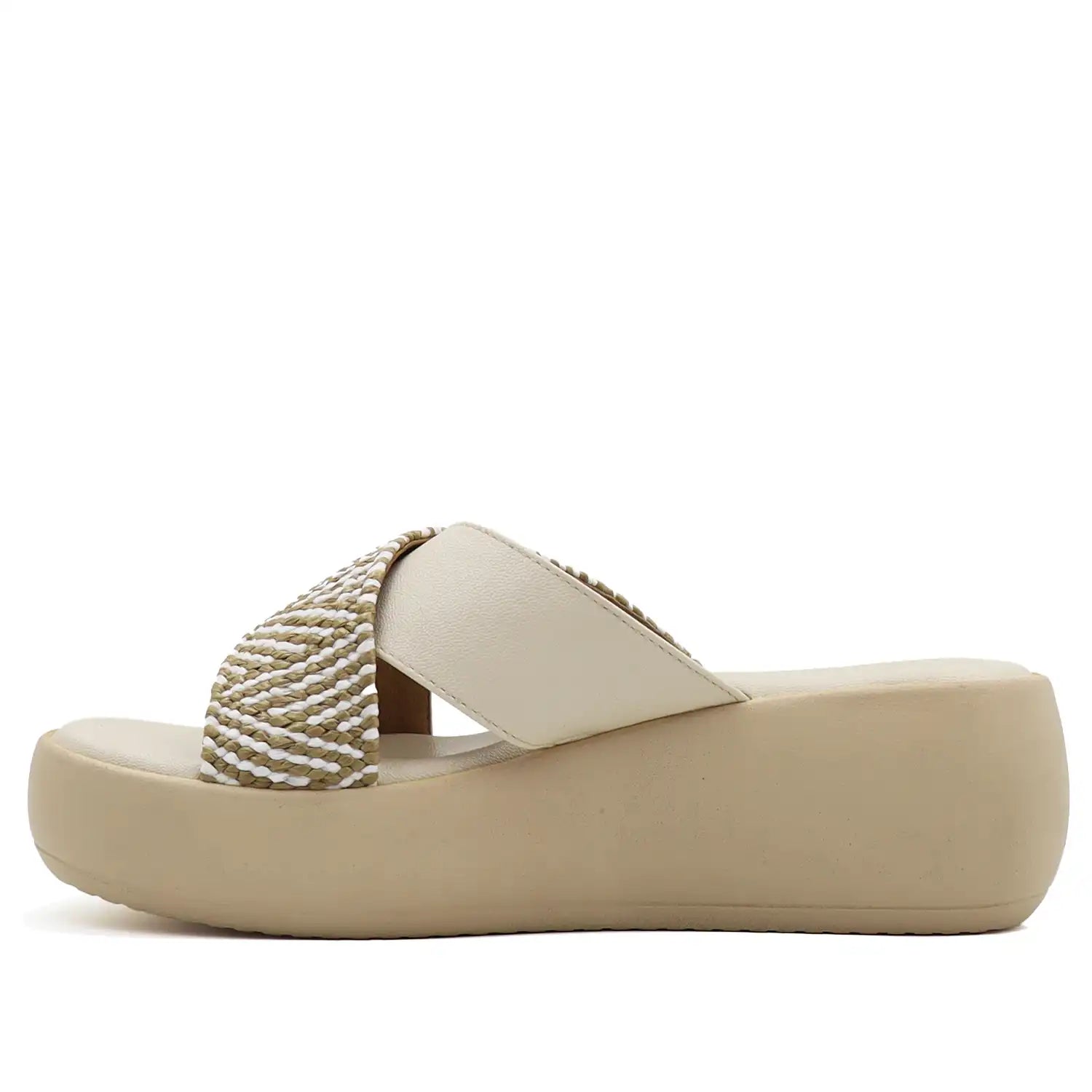 oyoqchi beige cross strap platform sandal thick sole side profile view