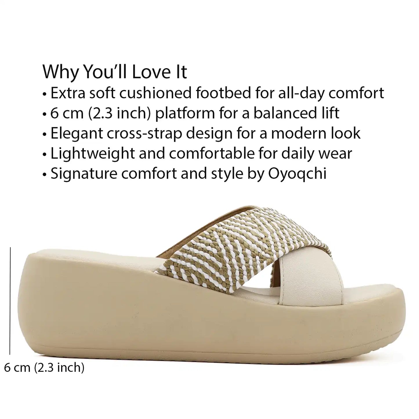 oyoqchi beige cross strap platform sandals with comfort features text graphic