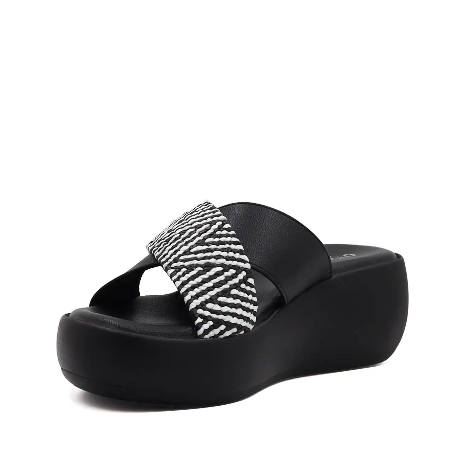 black cross strap comfort platform sandal textured upper front view