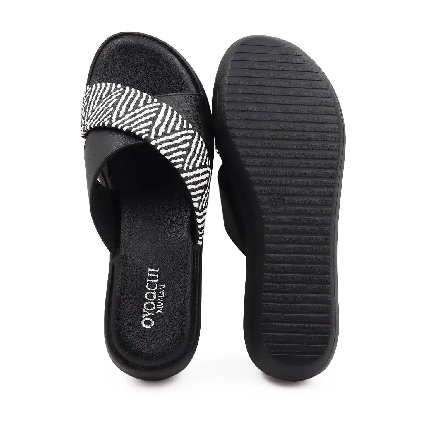 black platform sandals cross strap design top and outsole view
