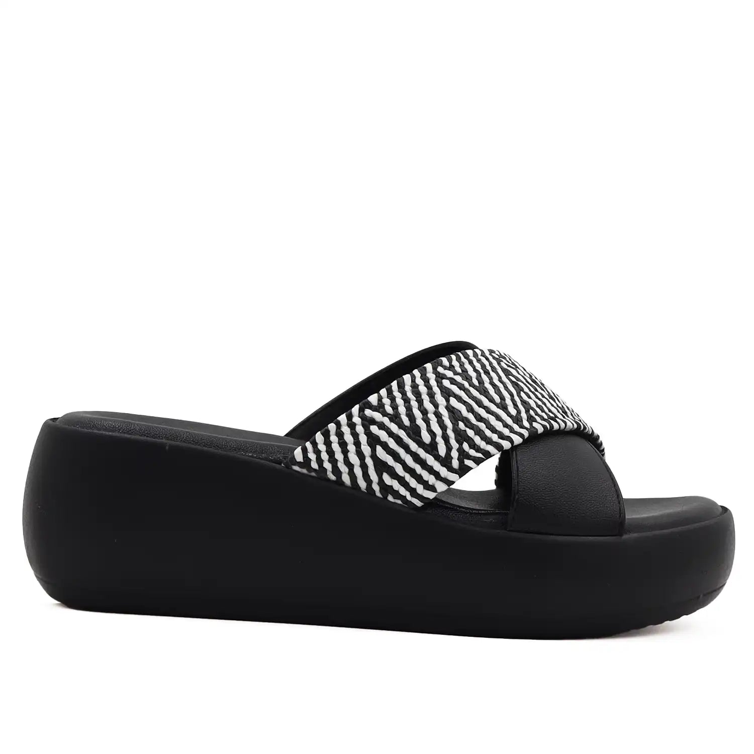 black cross strap platform sandal thick sole side profile view