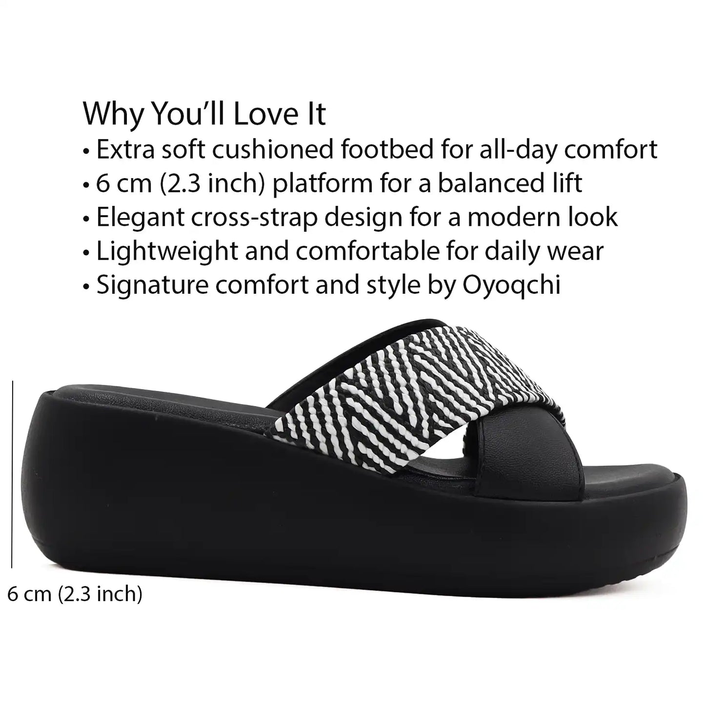 oyoqchi black cross strap platform sandals with comfort features text graphic