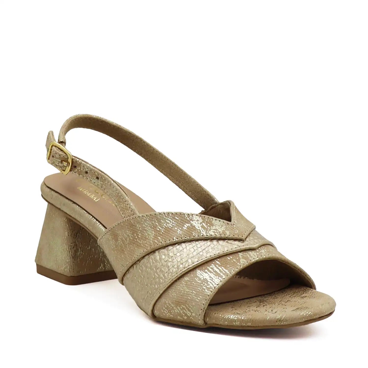 Women's golden block heel slingback sandals side angled view