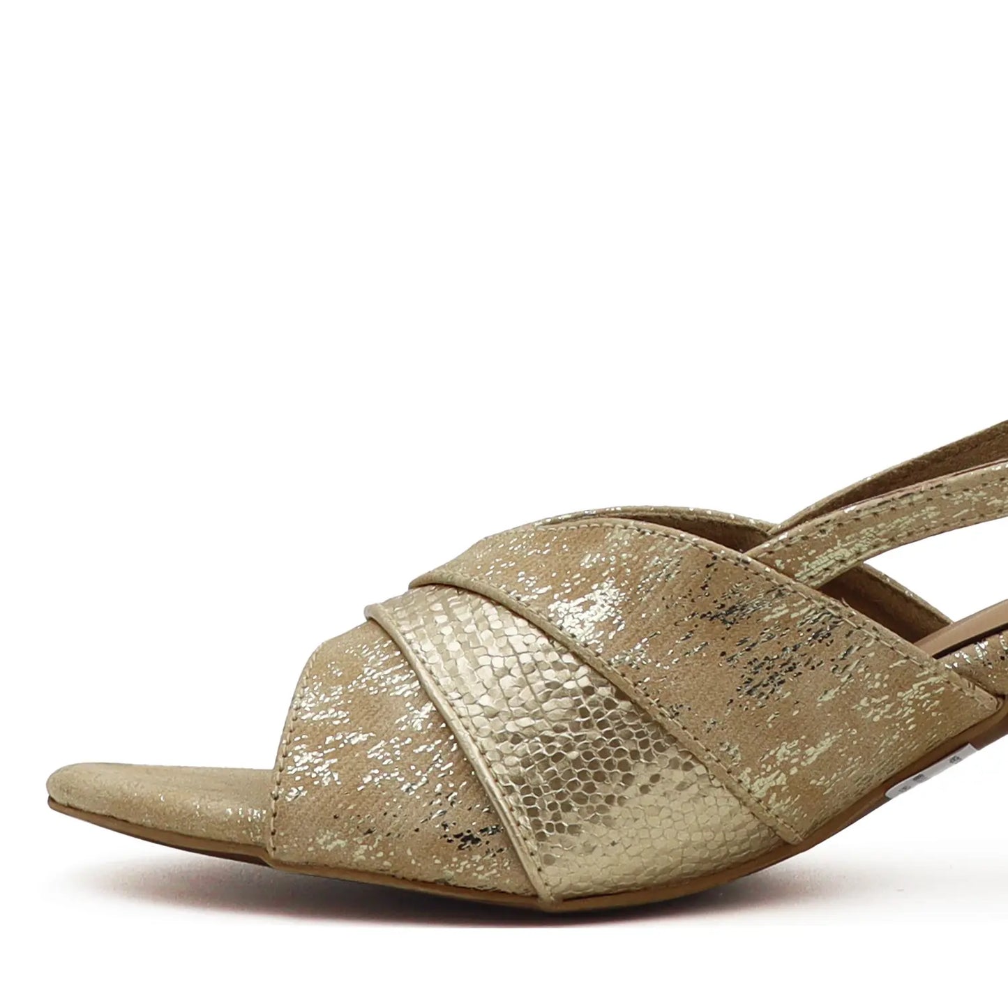 Close view of golden block heel slingback sandals