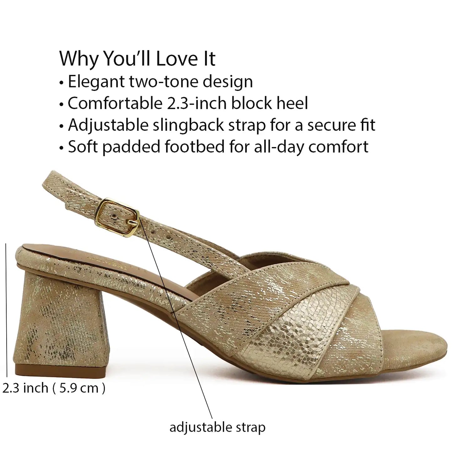 Detail view of golden block heel slingback sandals