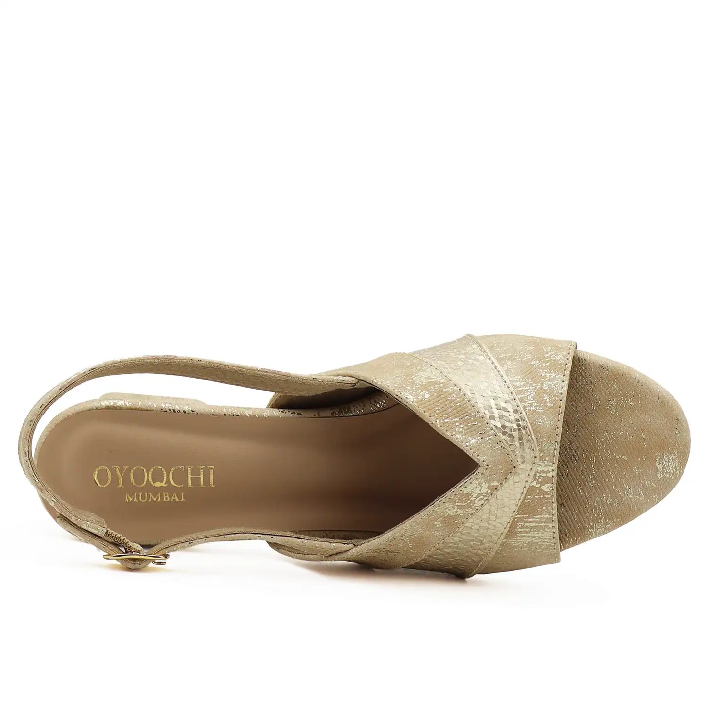 Golden block heel slingback sandals top view