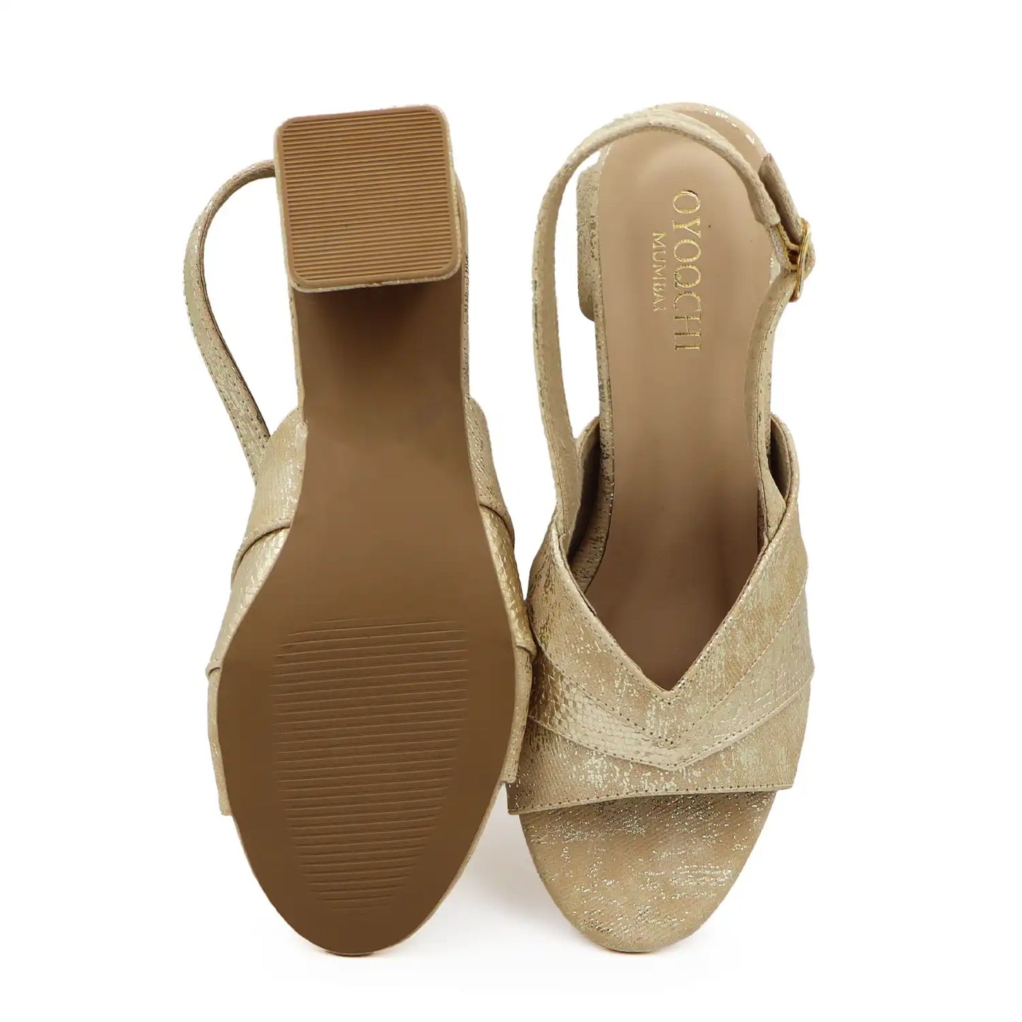 Golden block heel slingback sandals sole and top view