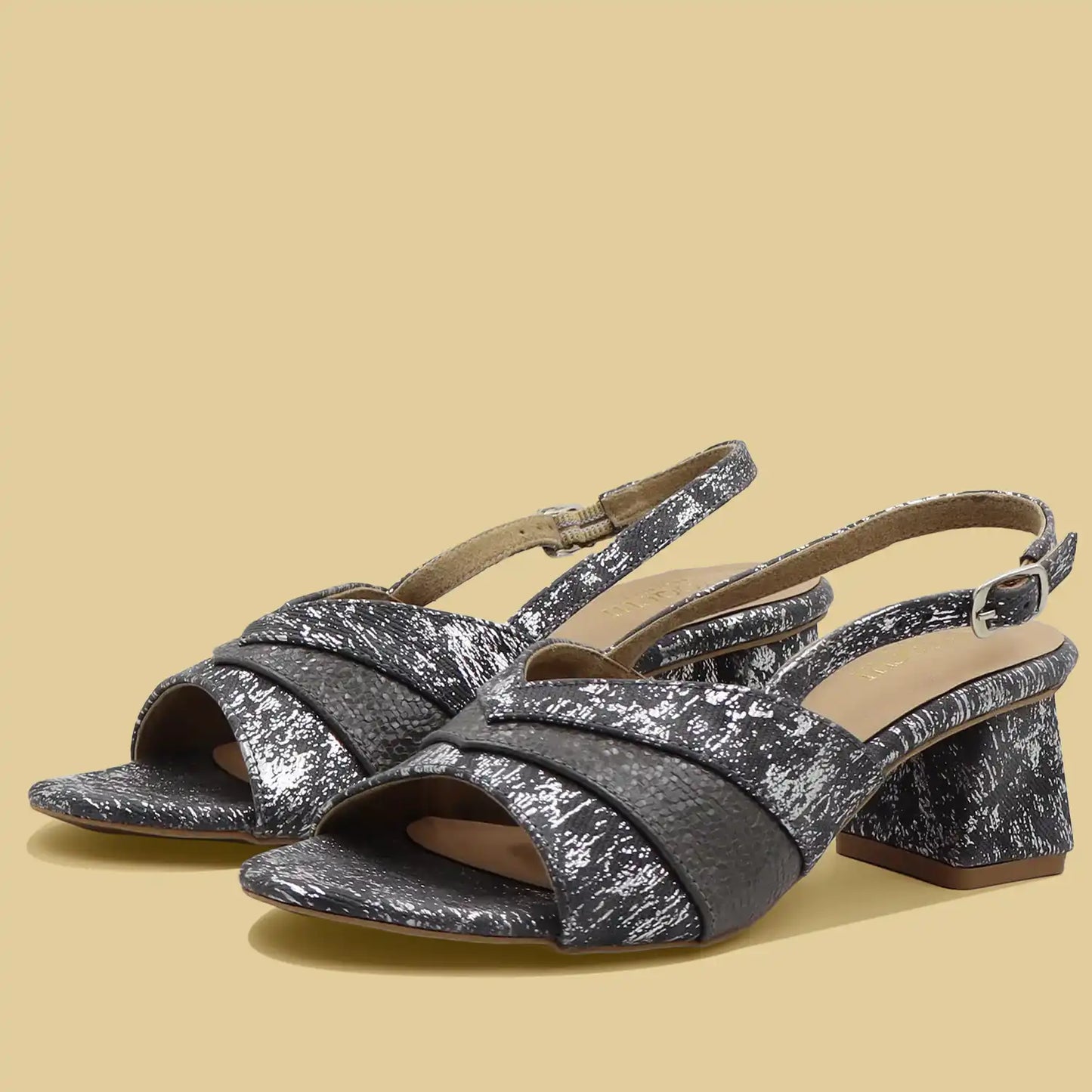 Women's gunmetal block heeled slingback sandals left angled pair view