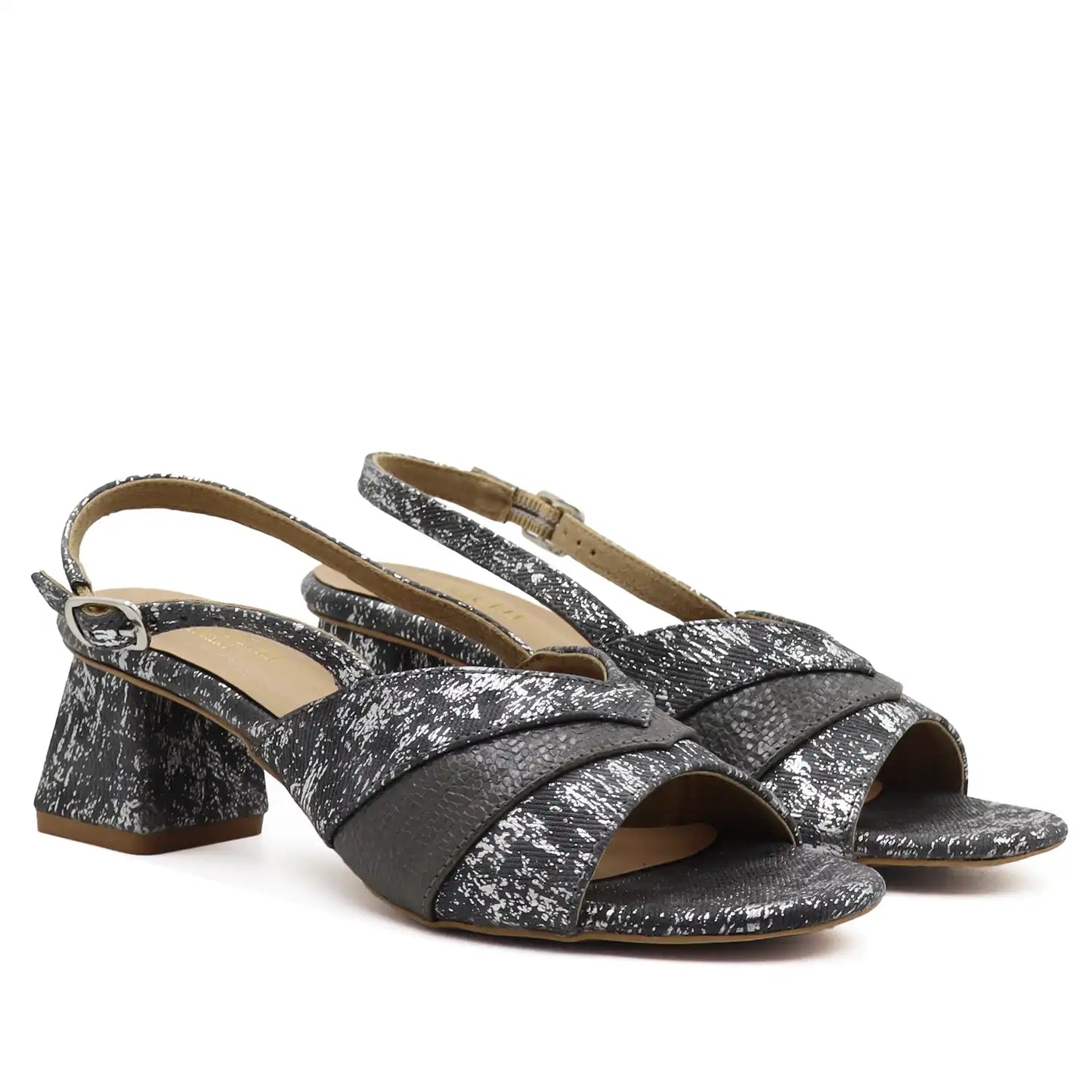 Women's gunmetal block heel slingback sandals right angled view