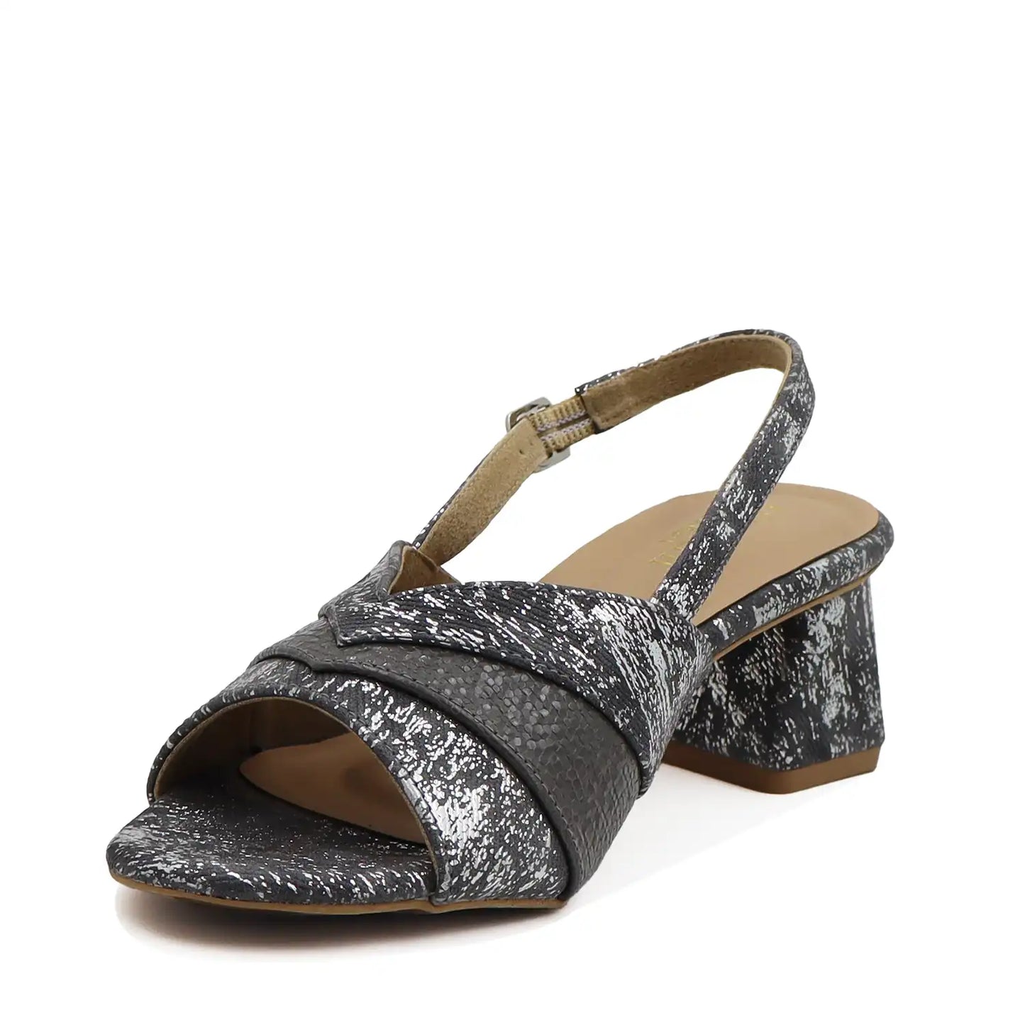 Women's gunmetal block heel slingback sandals side angled view