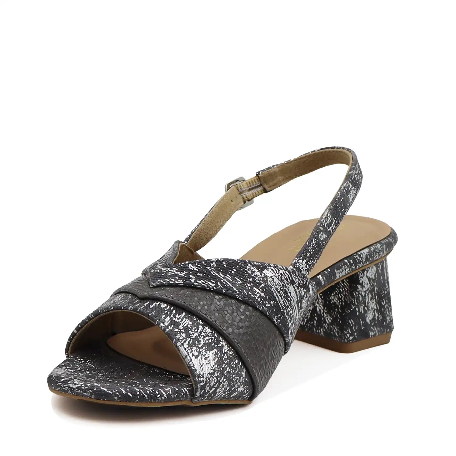 Women's gunmetal block heel slingback sandals side angled view